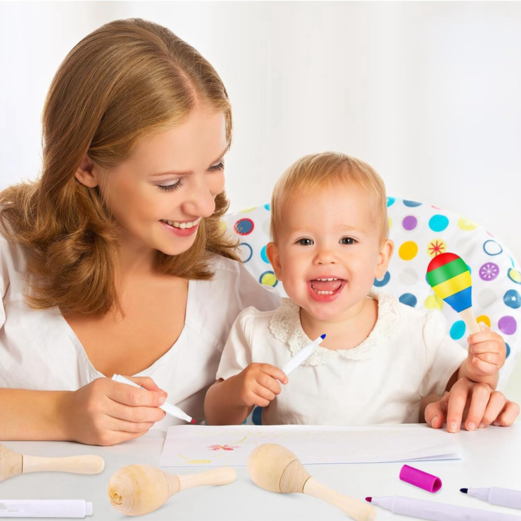 40 Maracas de Madera para Niños, Mini Maracas para Fiestas Mexicanas con 12 Bolígrafos Multicolores, Fiesta