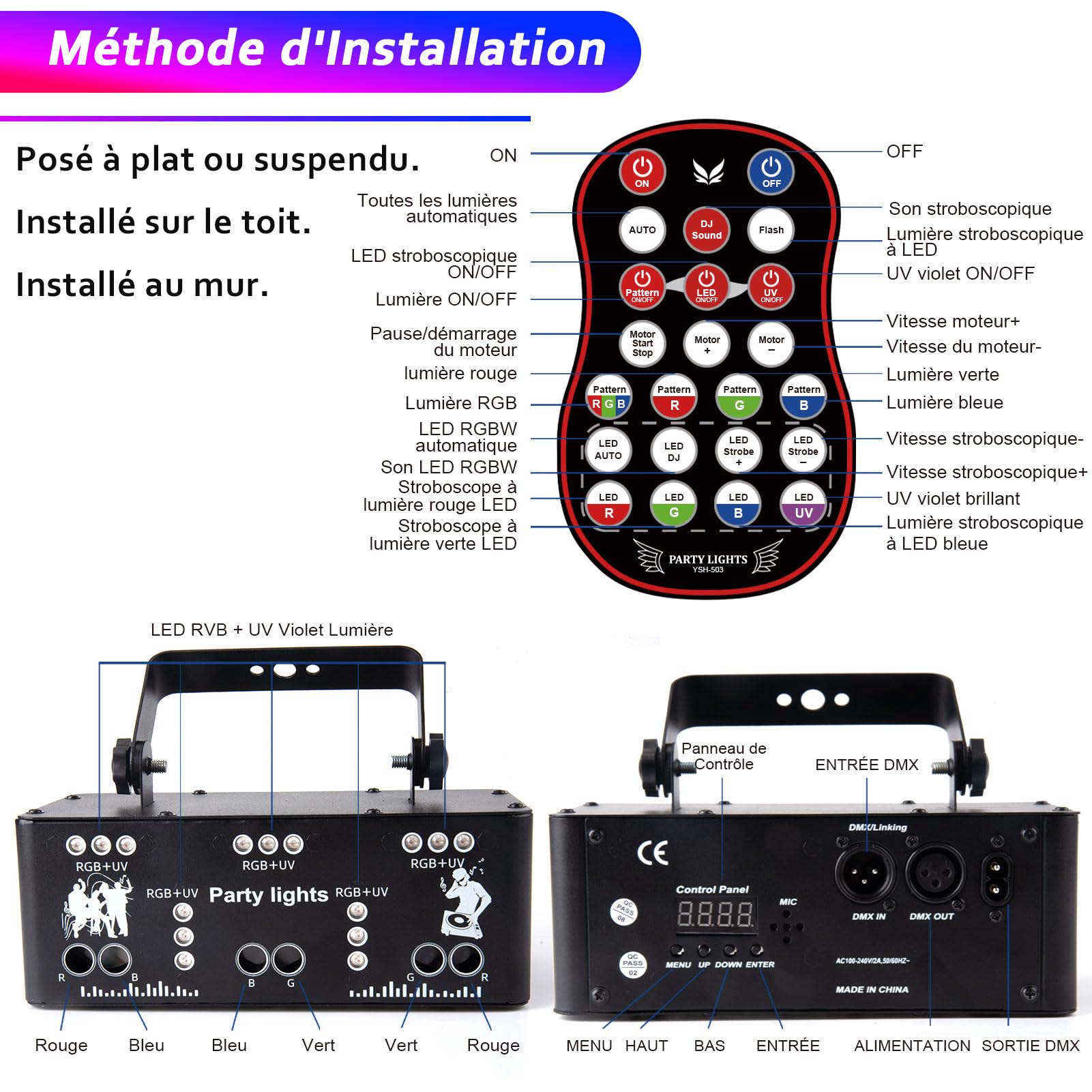 Fwiull Lampes Fête Professionnelles, 21 Lentilles Lumiere Soirée, DMX 512 d'Effets Lumière, Lumière Disco RGB UV à Commande Vocale, Lampe de Scène Télécommande Halloween, Fête, Noël ‎YSH-503 Noir