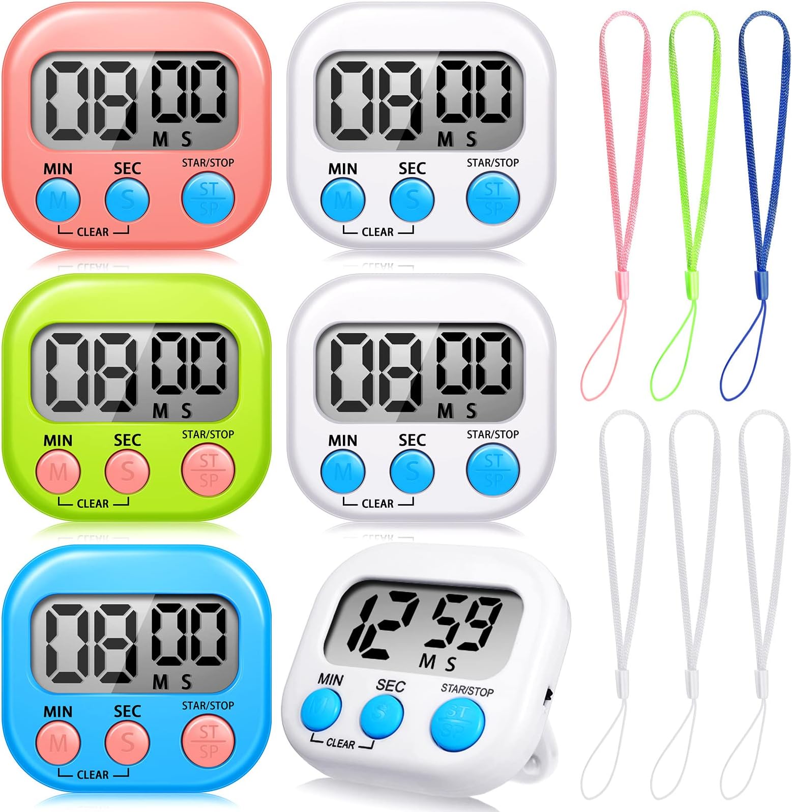 Flutesan 6 Pack Small Digital Kitchen Timer, Kitchen Timer for Cooking with 6 Pieces Lanyard Magnetic Back and On/Off Switch Second Minute Count up Countdown (Multicolored)