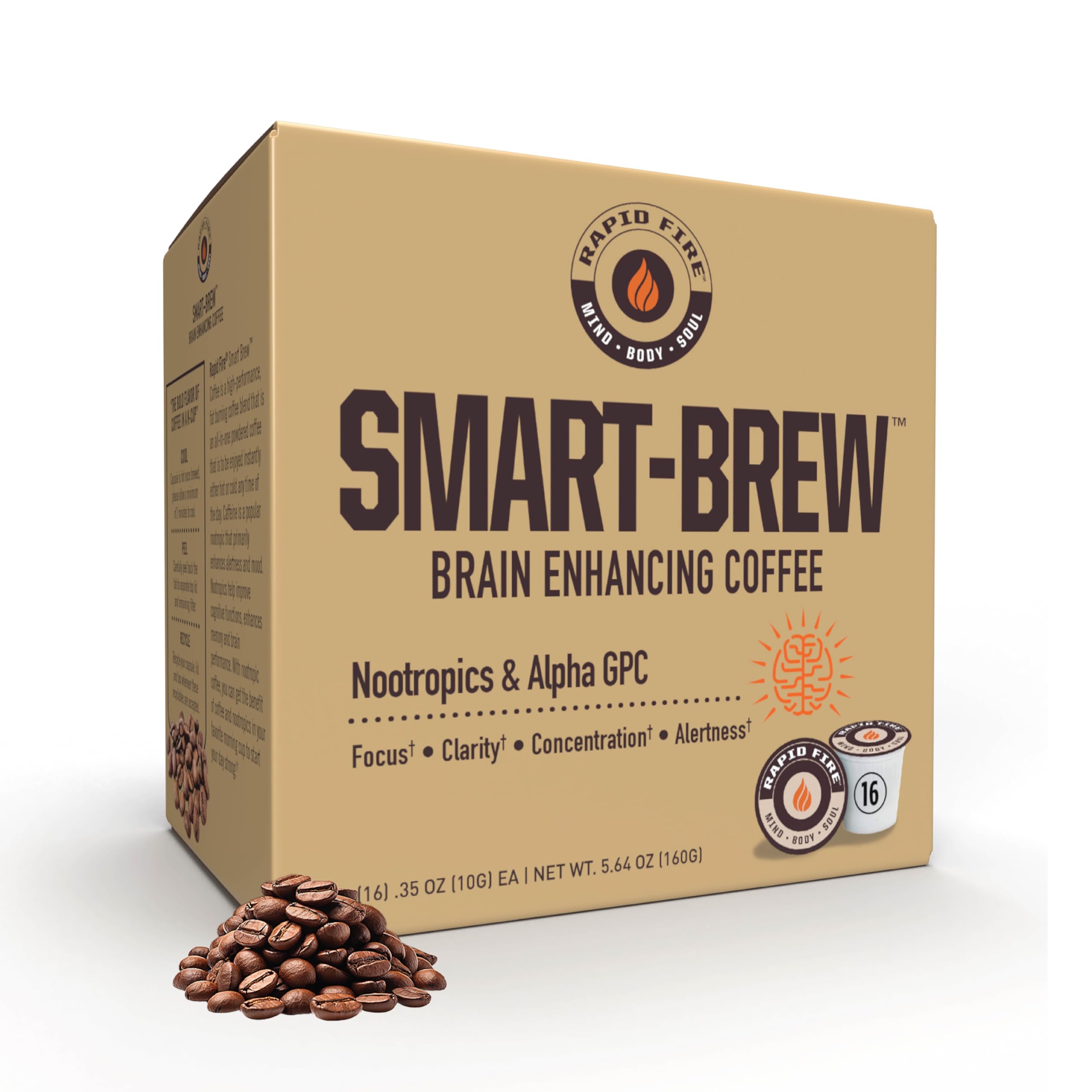 Rapidfire Smart-Brew, Nootropics Coffee, High Performance Infused Coffee Pods, Supports Energy and Brain Function, Coffee Concentrate, 16 Count