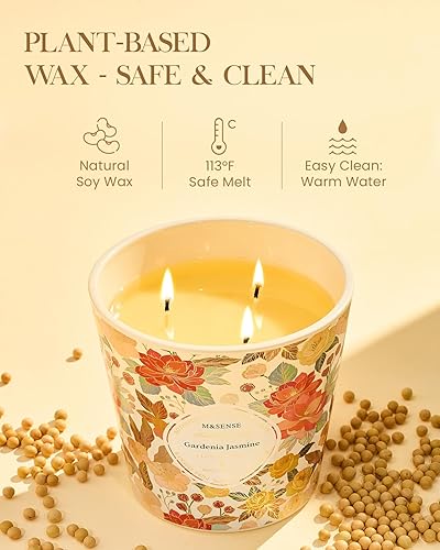 Miniatura 4 de M&SENSE Vela Perfumada de Gardenia y Jazmín, 28.2oz Velas Grandes de Cera de Soja Natural de 3 Mechas, Duraderas de Combustión Limpia y Lenta Sin