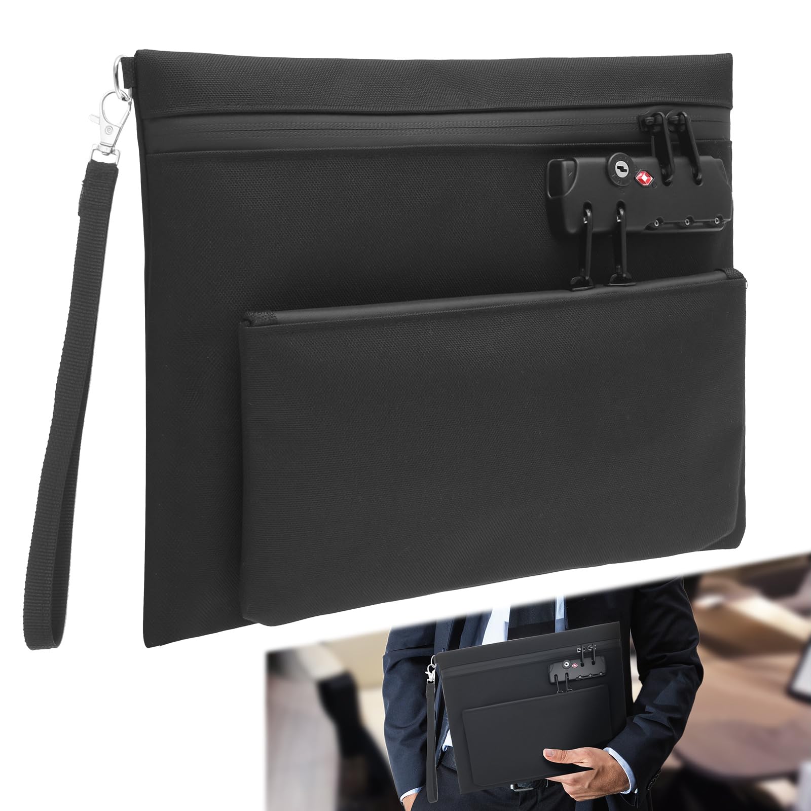 Lockable Money Bag 28x23cm Waterproof Wallet with Combination Lock and Zipper, Tearproof Oxford Cloth Lockable Bag, Safe Storage Pouch for Storing Cash, Credit Cards, Passports, Jewelry and Valuables
