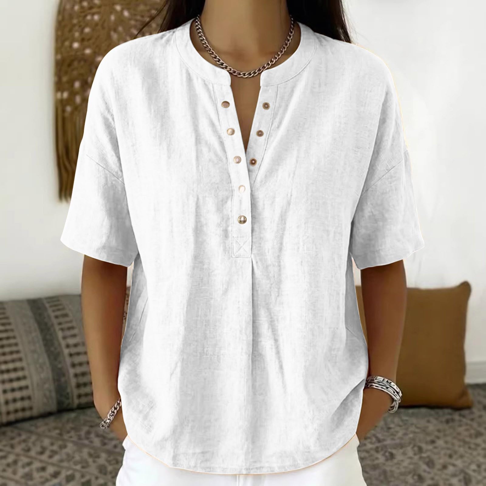 Blusa informal para mujer, mezcla de algodón y lino, manga corta, cuello en V, botones y ajuste holgado, top de verano para mujer