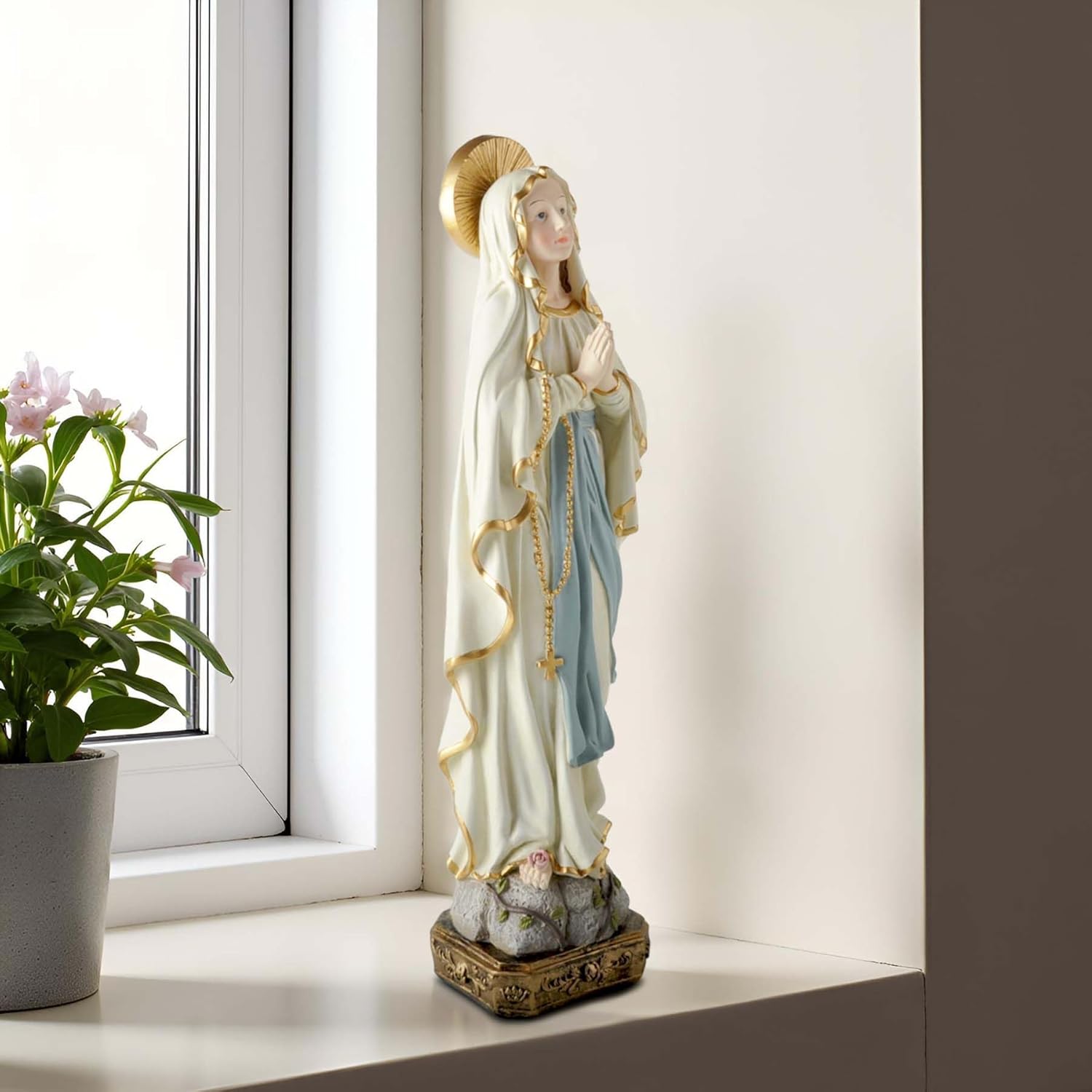 15" Our Lady of Lourdes Statue – Praying Virgin Mary Figurine on Stone Base, Hand-Painted Resin Religious Decor for Indoor Outdoor Use, Catholic Gift for Home, Church, or Mom - Image 3