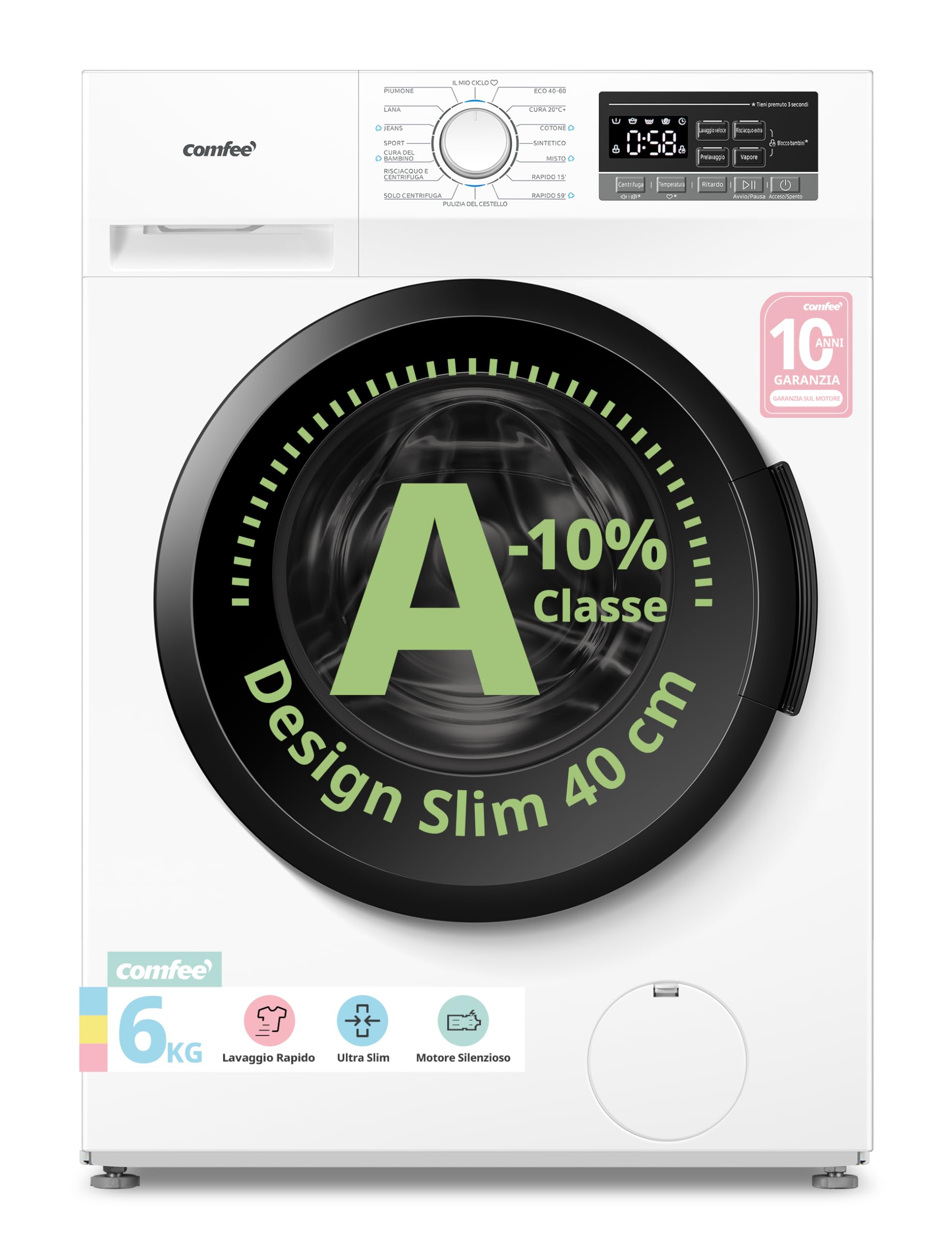 COMFEE' Lavatrice Carica Frontale 6 kg, Ultra Slim 40 cm, Classe A‑10%, 1200 giri, Vapore Igienizzante, Baby Care, Motore Inverter BLDC, 16 Programmi, Bianco – CFP01EW60W