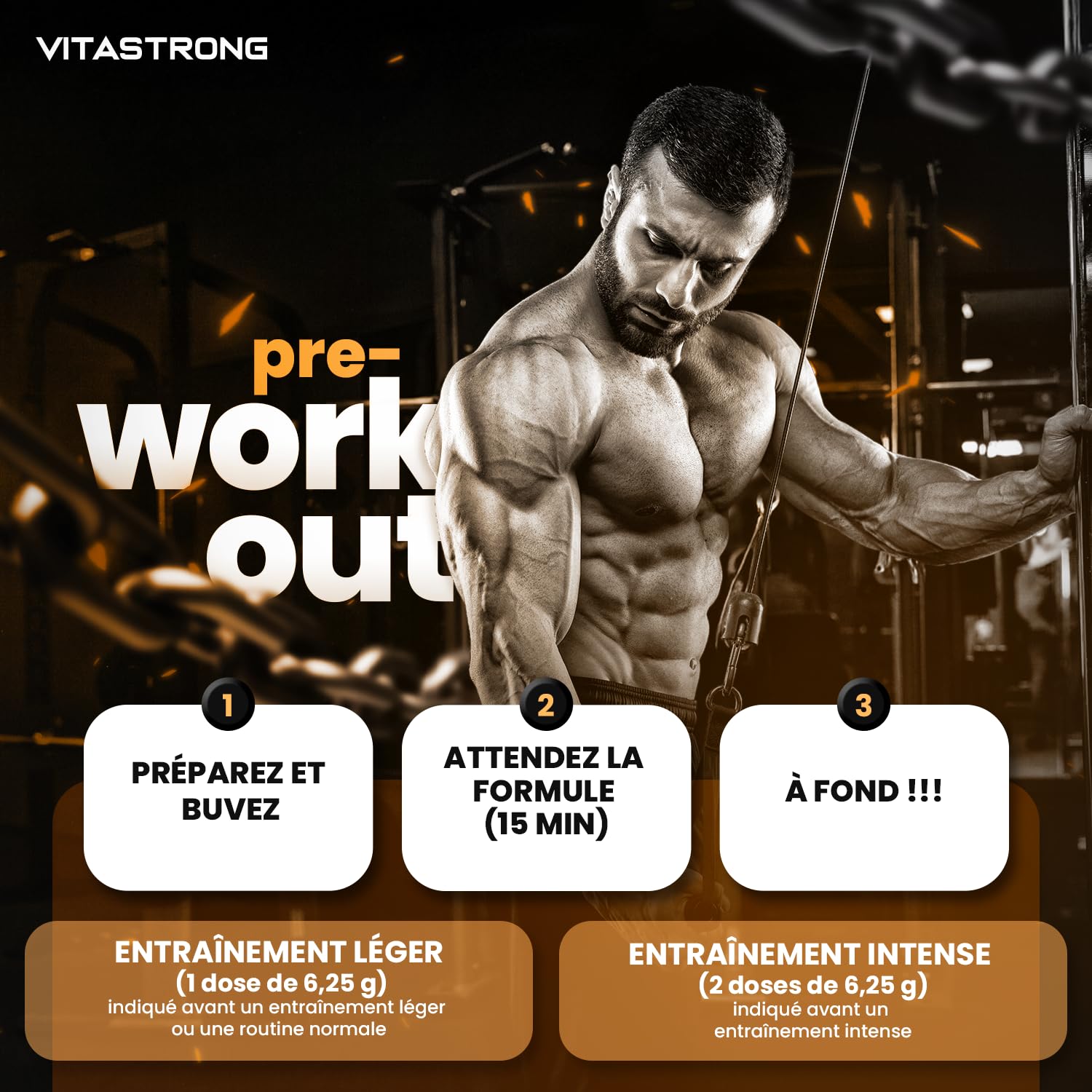 Pre Workout Sans Cafeine 300g Vegan, Goût Orange, 24 Portions, Vitastrong | Preworkout Booster Puissant, Vitamine B12, L Citrulline, Beta Alanine, enXtra Galanga, Taurine, AstraGin