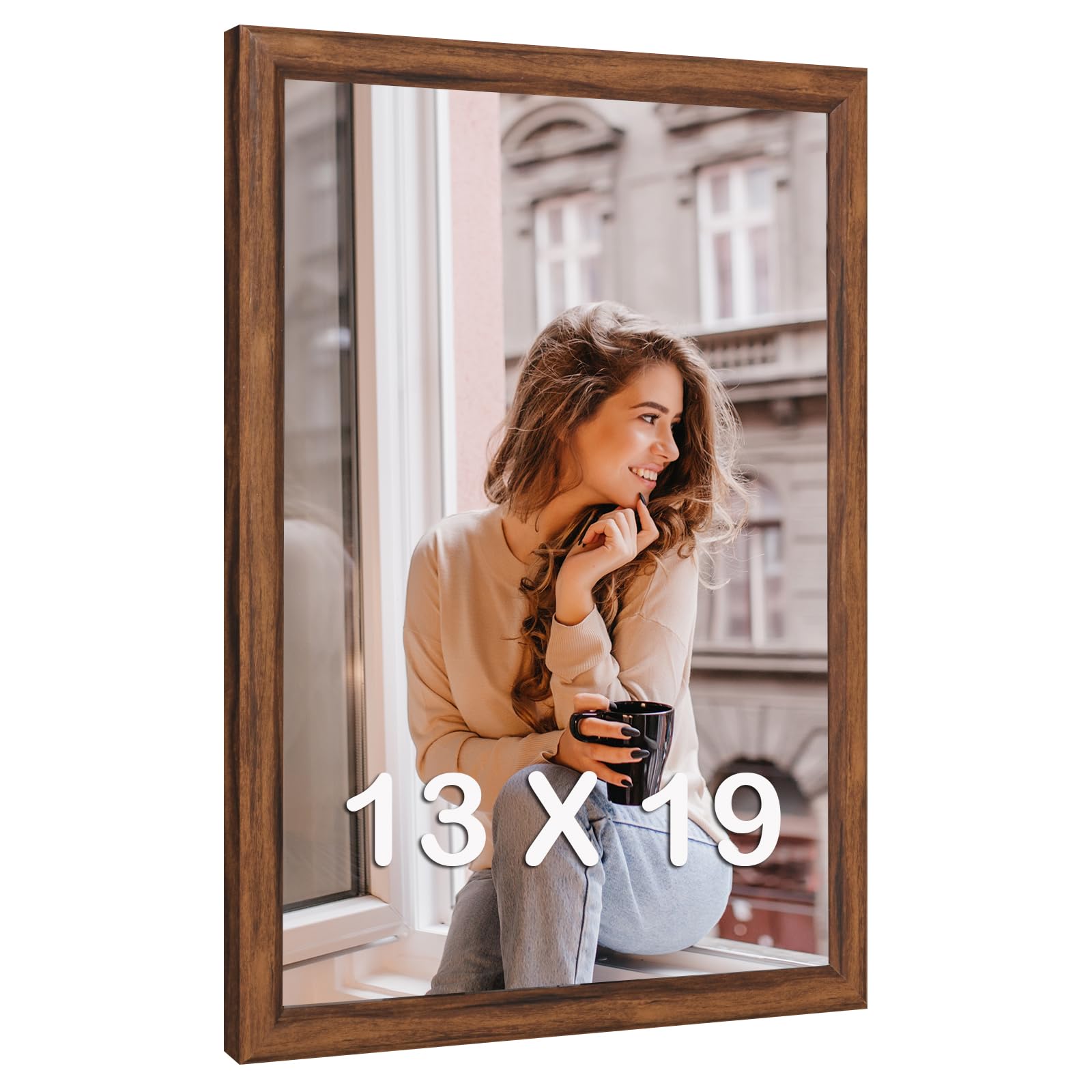 13x19 Wood Frame Brown, Rustic Natural Wooden 19x13in Poster Picture Frame, Distressed 13 x 19inch Woodgrain Gallery Photo Frame with HD Plexiglass, Horizontal Vertical Wall Mounting Display 1pcs