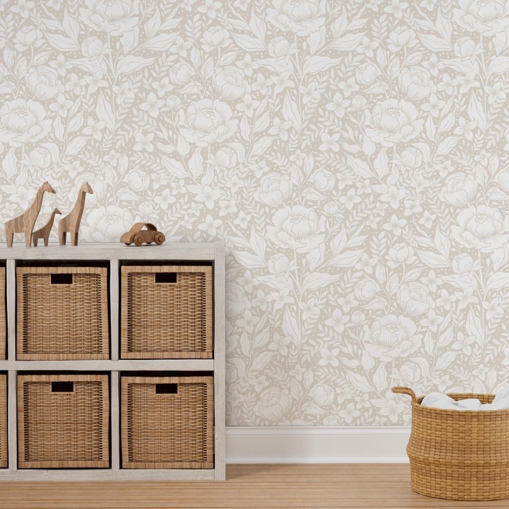 Spoonflower Removable Wallpaper 12ft x 2ft - Peonies Neutral Botanicals Art Nouveau Vintage Custom Pre-Pasted Wallpaper