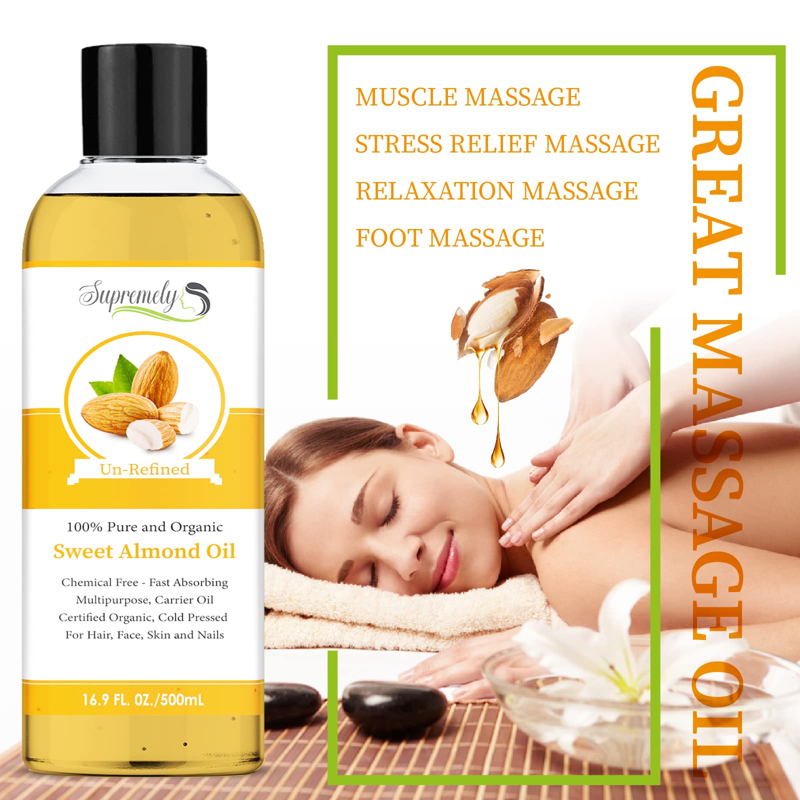 Pure Sweet Almond Oil for Skin and Hair, Cold Pressed, Natural Moisturizer and Carrier Oil - Image 2