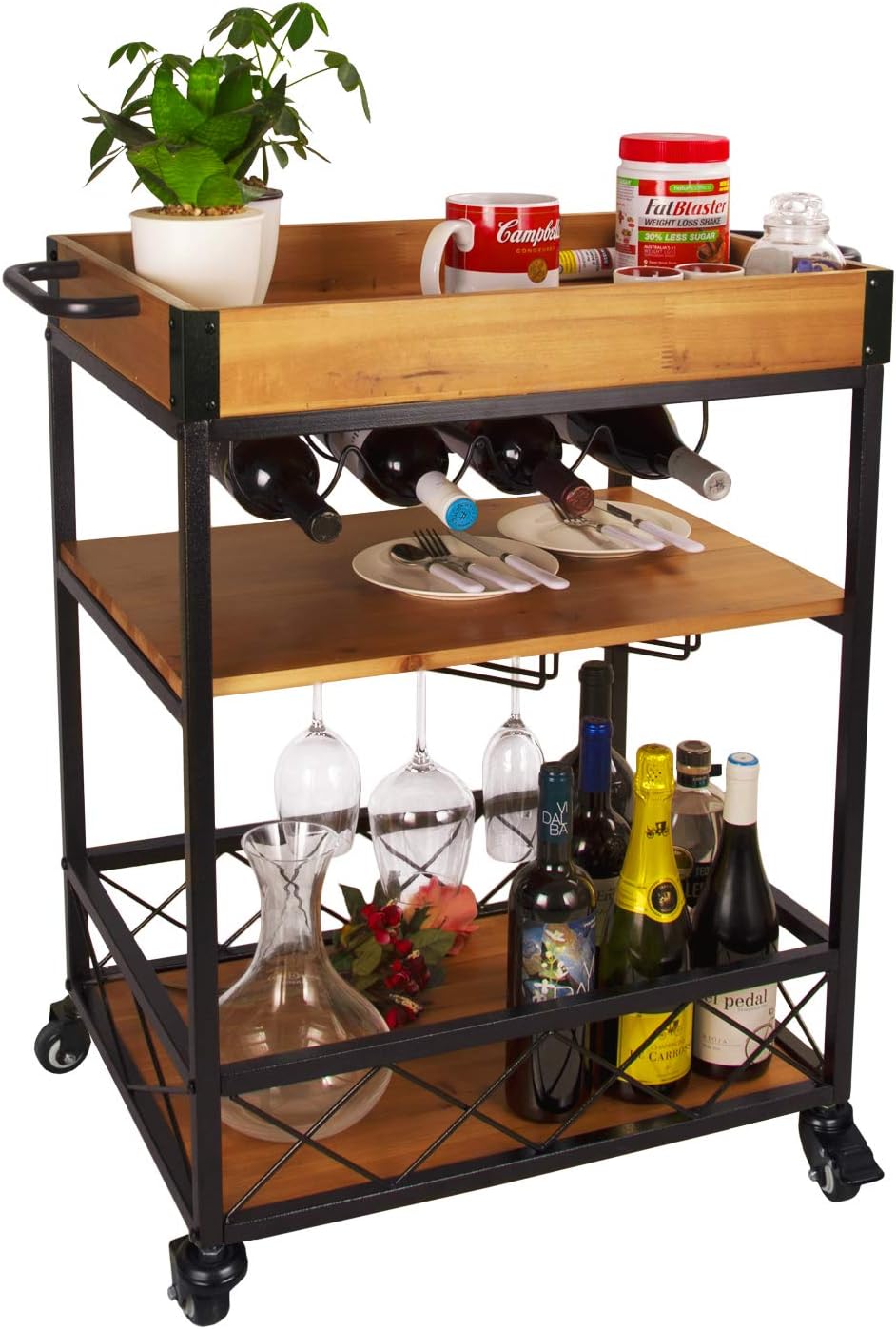 Elevens 3 Tier Rolling Utility Storage Cart-Kitchen Serving Bar Cart with Bottle Holder (Light Wood)