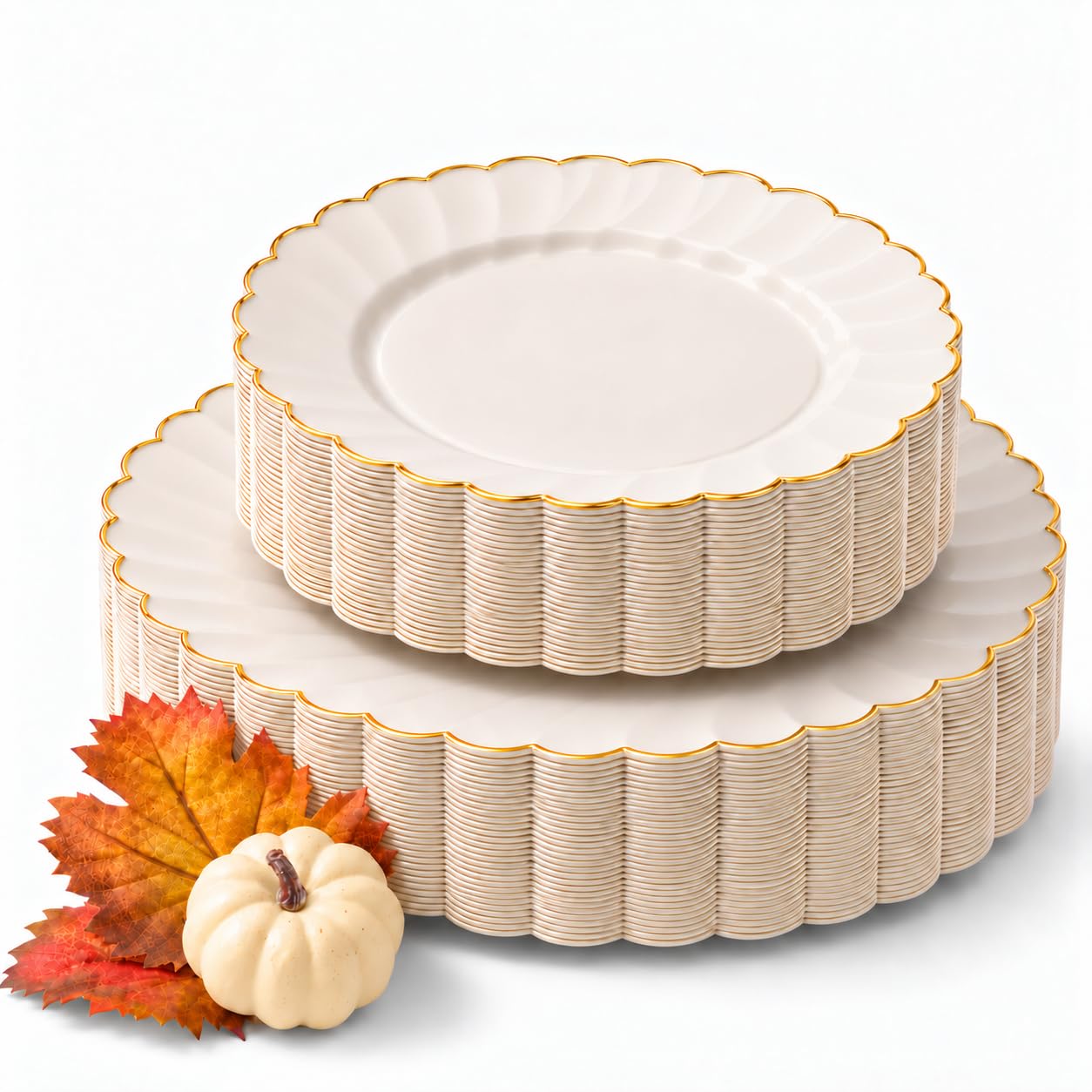 Ivory Gold Scalloped Plates - 60 Pack -1