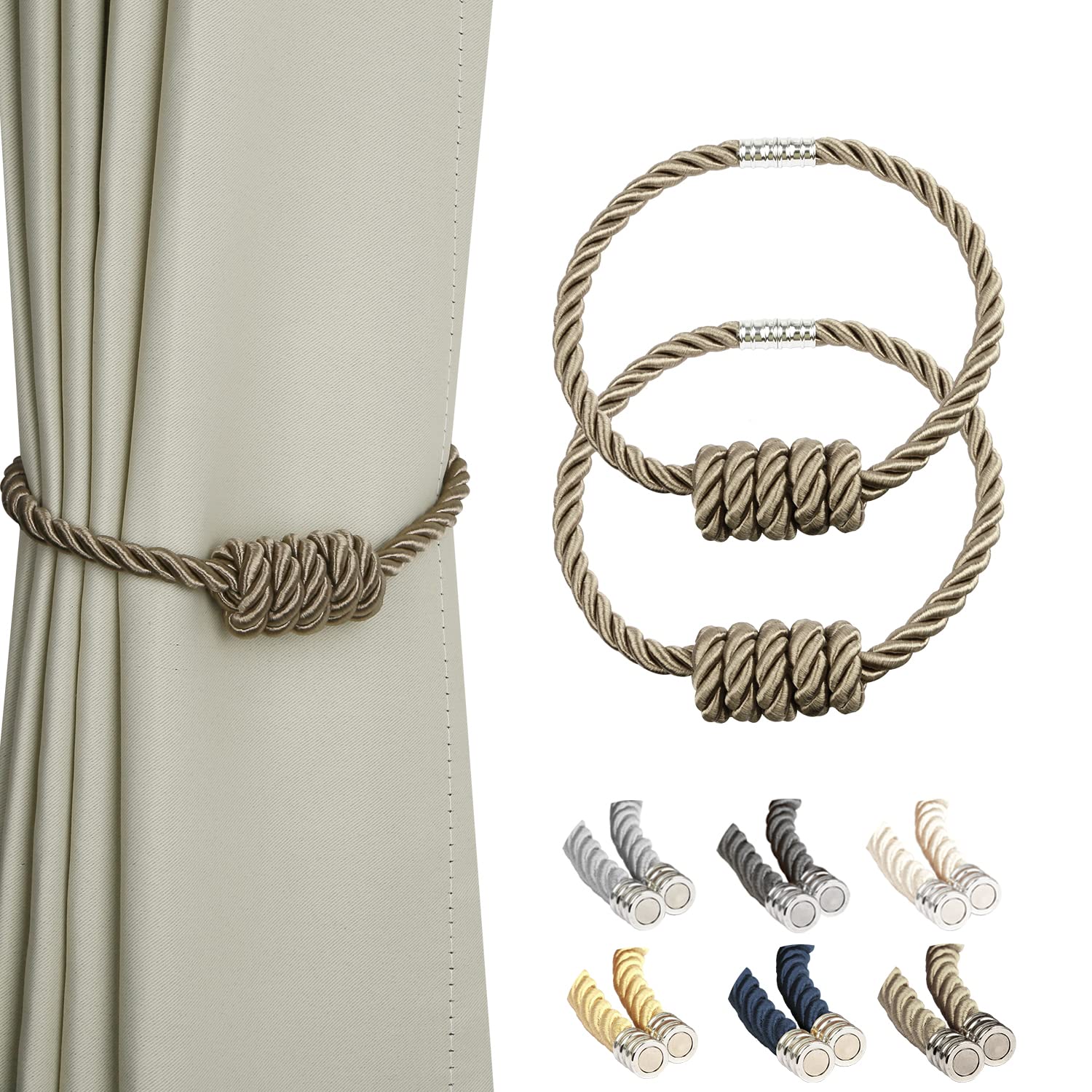 BEL AVENIR Magnetic Curtain Tiebacks, Decorative Drapery Holdbacks Modern Woven Tie-Backs with Exquisite Knot (Flaxen, 2 Pack)