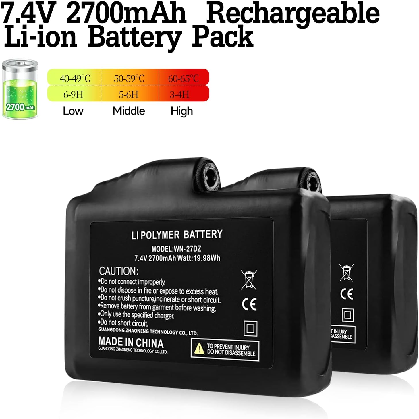 winna 7.4V 2700mAh Rechargeable Li-ion Batteries, Accessories for Heated Gloves, Li-Polymer Battery Pack Replacement for Electric Gloves Heated Socks Heated Motorcycle Gloves(2 Pack)