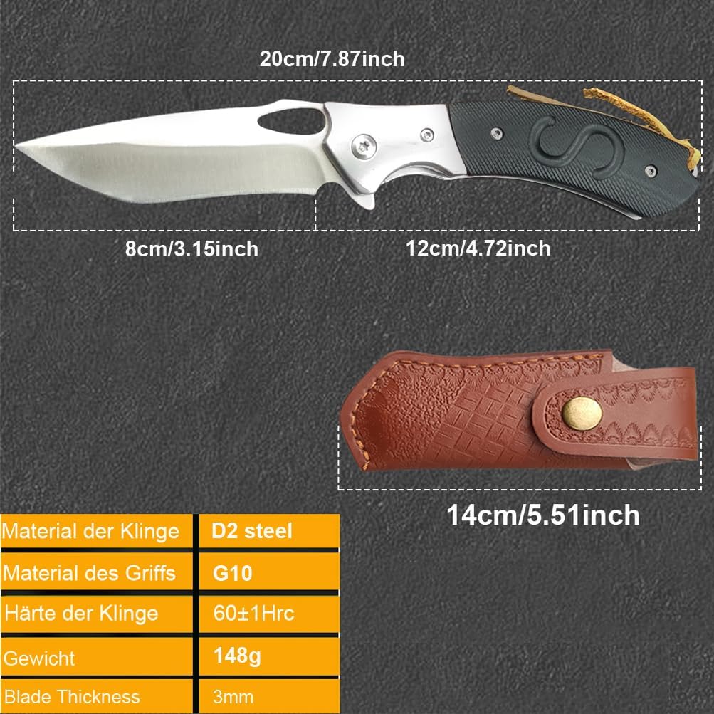 Pocket Knife, D2 Steel Folding Knife with Clip, G10 Handle, Safety Liner Lock, Sharp Pocket Knives, Survival Knife for Hiking Camping Gifts