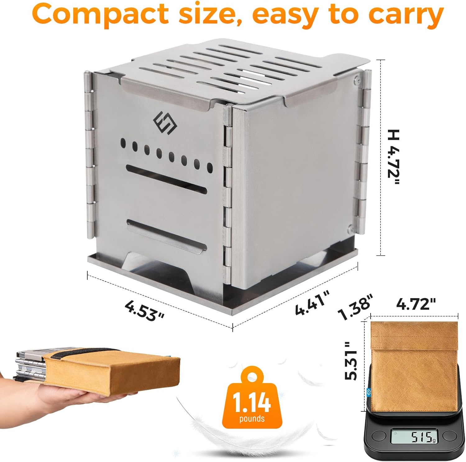 COOK'N'ESCAPE Portable Wood Burning Stove, Foldable Stainless Steel Camp Burner with Titanium Grill Plate and Ash Tray, Secondary Combustion Survival Gear for Hiking Outdoor Tent Camping Picnic BBQ
