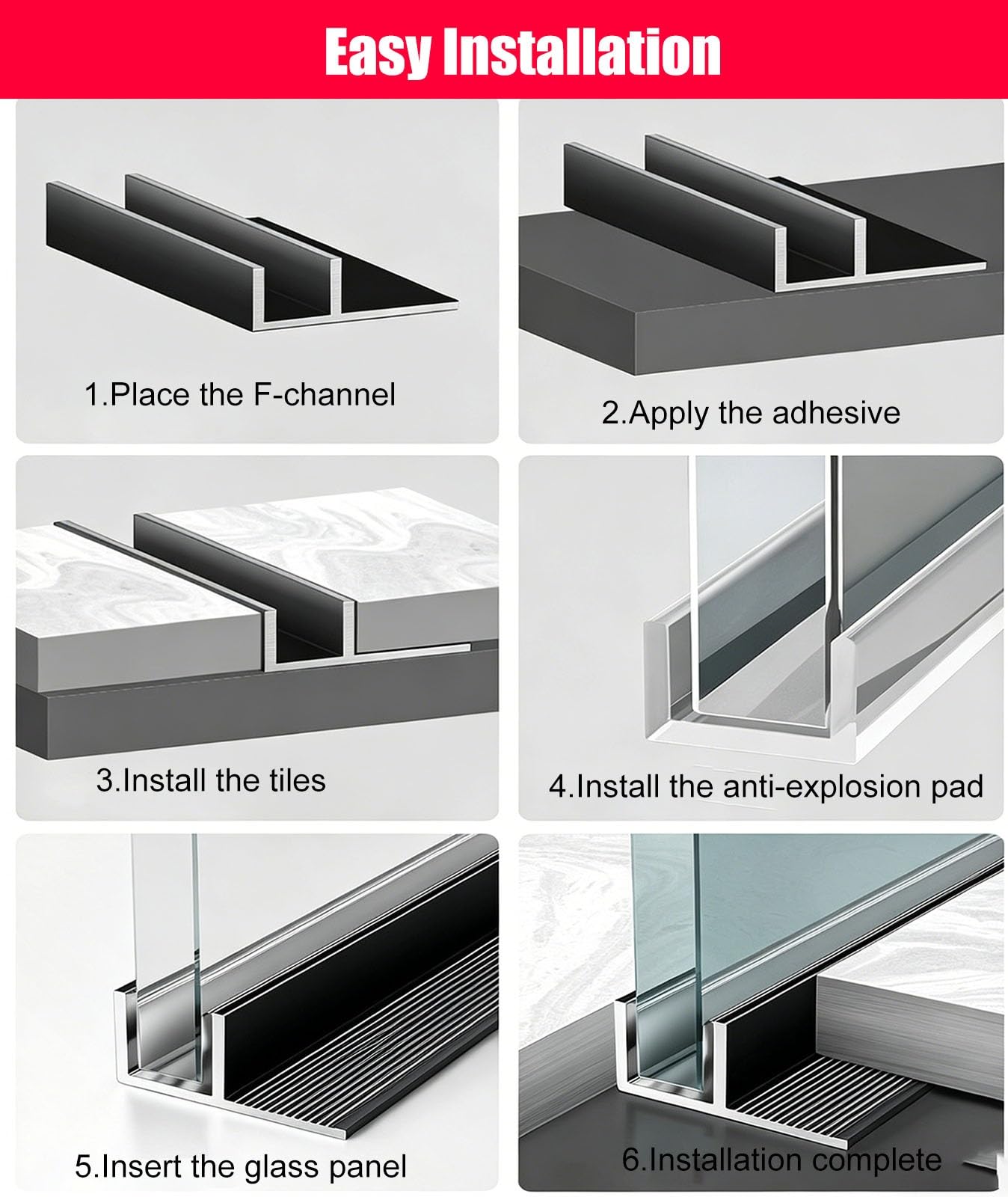 Panel de pared fijo para ducha sin marco, diseño de ranura profunda fácil de limpiar para partición doméstica y comercial, longitud cortable para vidrio de 3/8 pulgadas