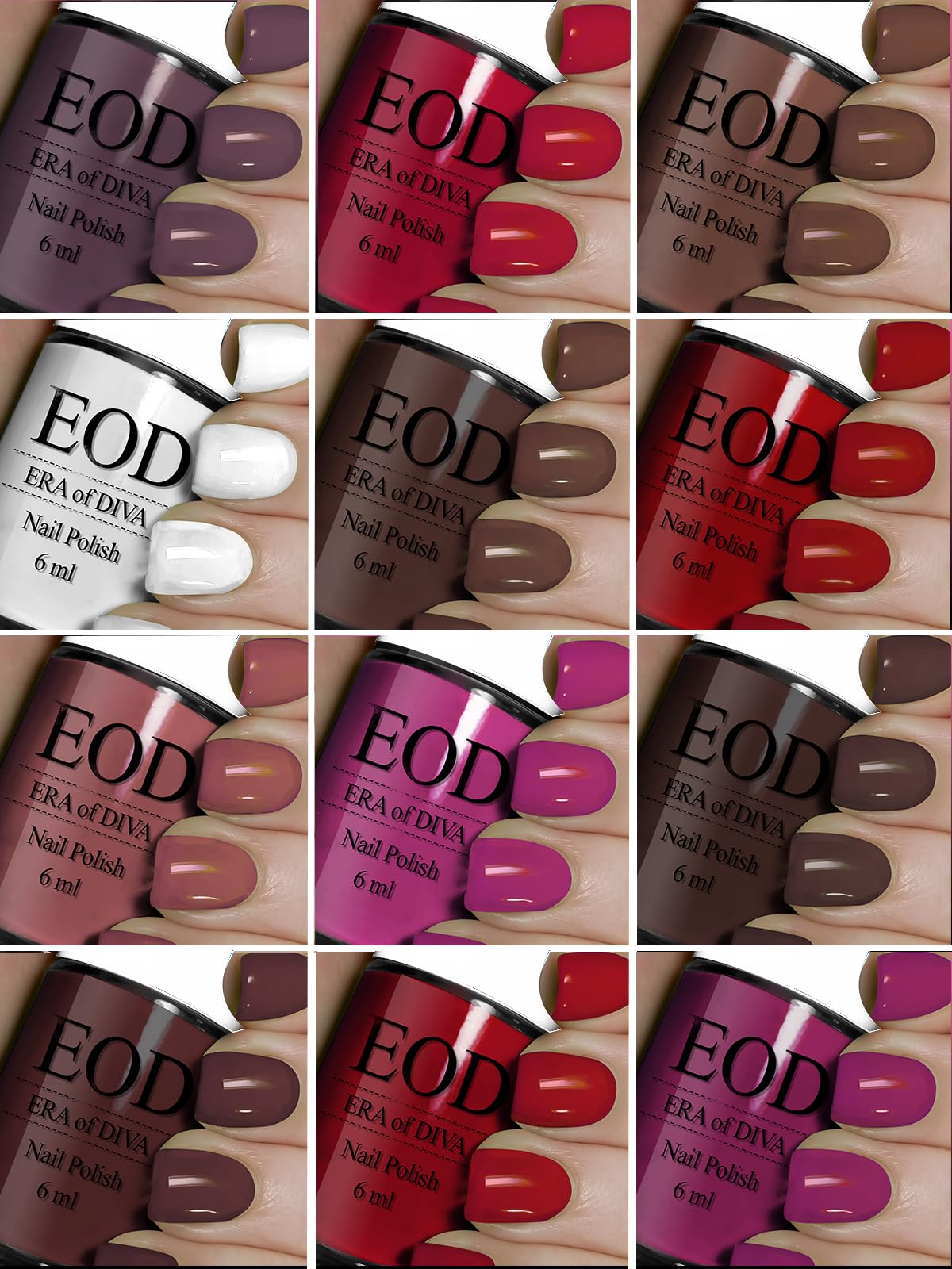 EOD 6ml each Glossy Shine Long Lasting Nail Polish Paint Set of 12 Bottles White, Red, Purple, Pink (Pack of 12)