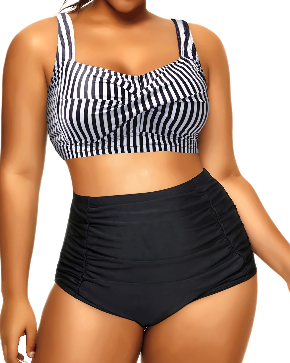 DaciWomen Two Piece High Waisted Plus Size Swimsuits Vintage Twist Front Retro Bikini Bathing Suits with Ruched Bottom