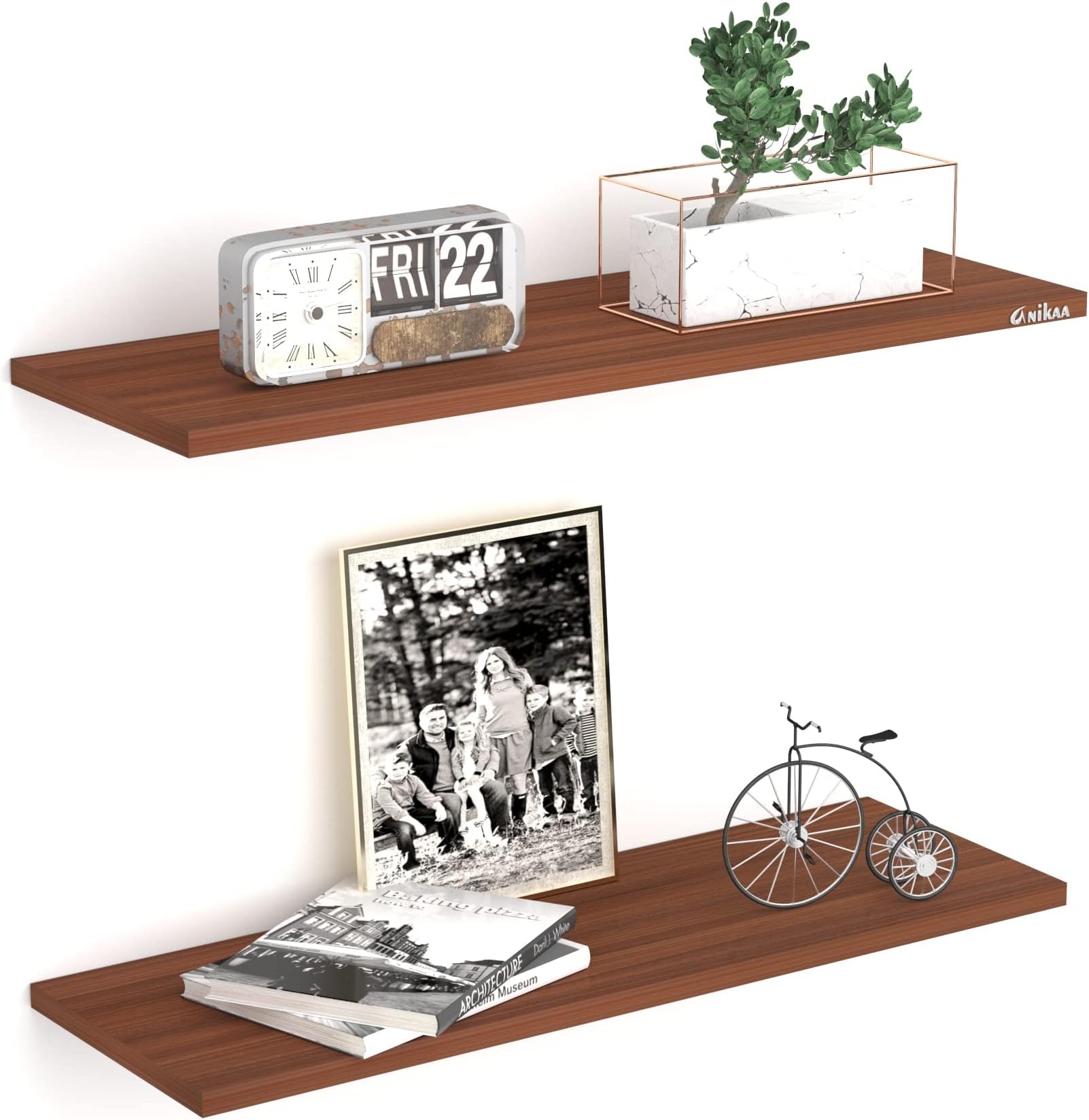 Anikaa Feu Engineered Wood Wall Decor Floating Shelf/Engineered Wood Shelves/Storage Display Rack Wall Shelf for Living Room Bedroom Office (Walnut) Set of 2 [LxBxH(CM): 65x23x1.7]