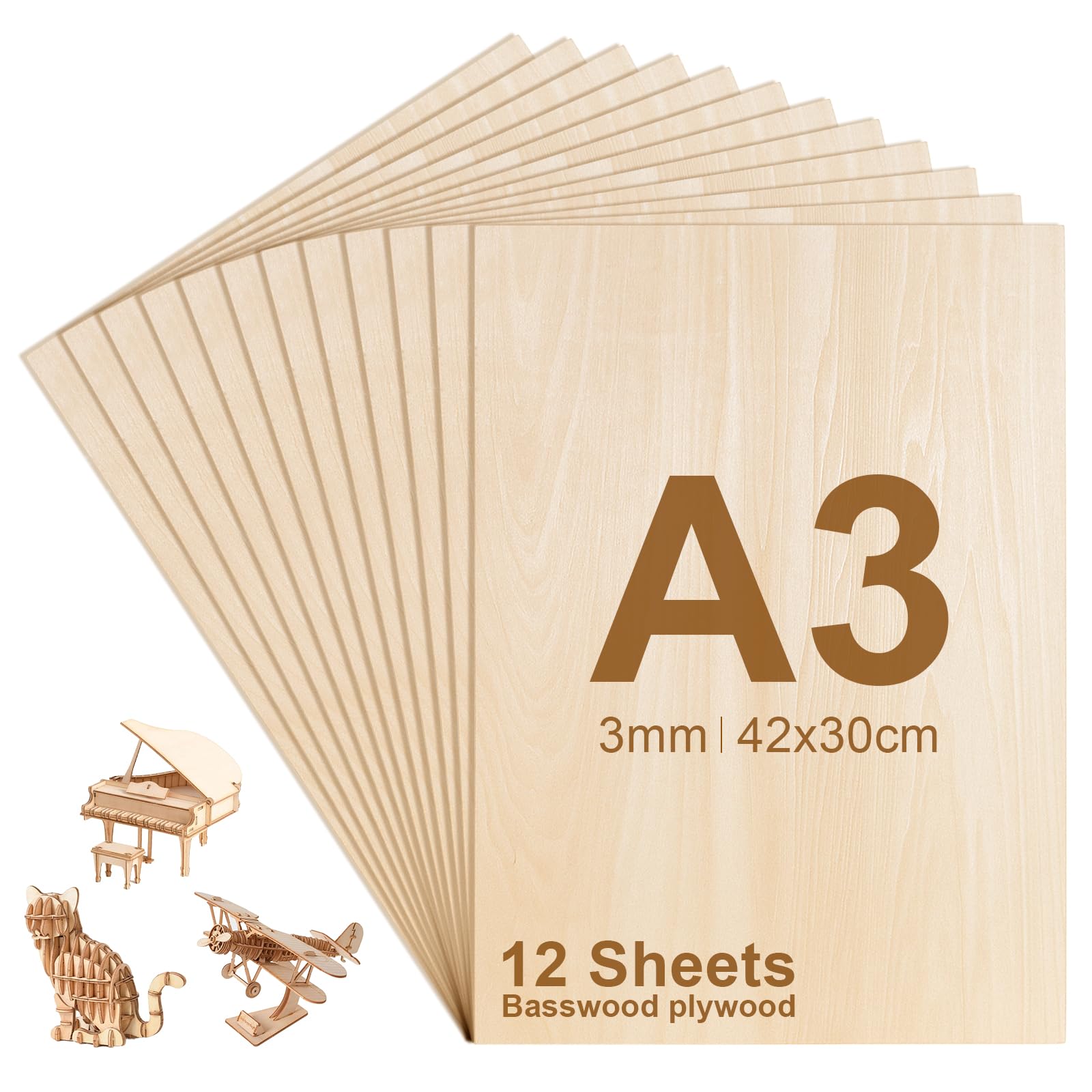 FoiiLiio 12 piezas Madera Contrachapada 3mm, A3 Tablero Contrachapado 42 x 30 cm, Sin Terminar Tablero Madera para Manualidades Decoración, Proyectos de Láser, Pintura, Modelado