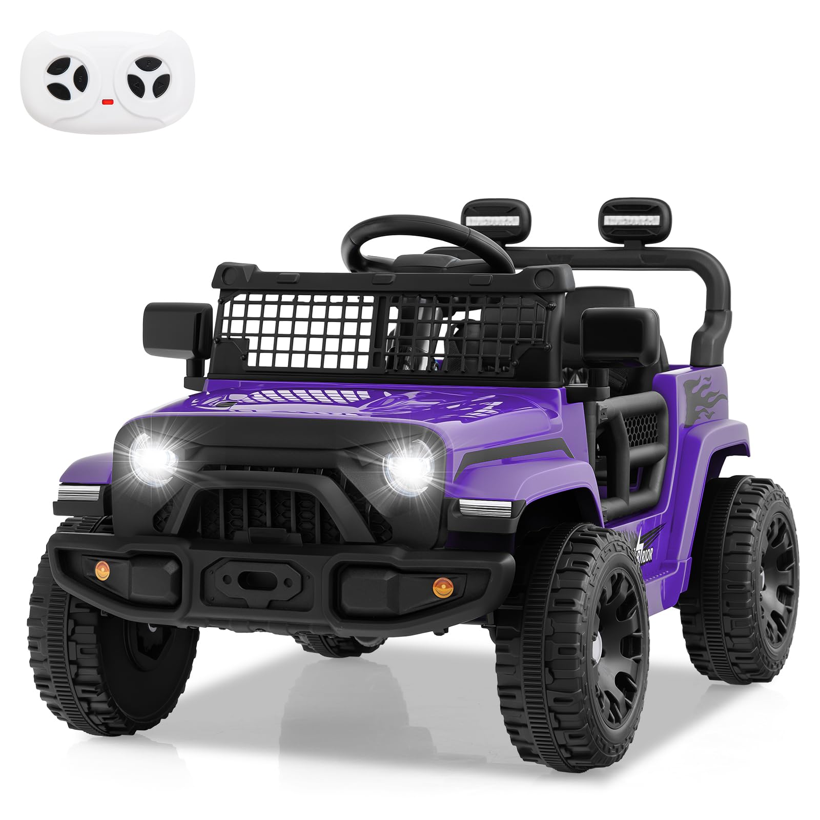 GYMAX Kids Ride on Car, 12V Battery Powered Toy Car with Remote Control, Lights, Music, Horn and Slow Start, Children Electric Off Road Truck for 3 Years Old+ (Purple)