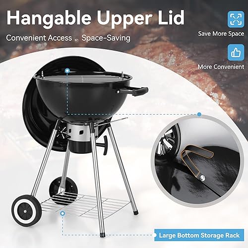 Miniatura 8 de GREEN PARTY Parrilla de barbacoa de carbón de 18 pulgadas con ruedas, parrilla de carbón portátil con tapa esmaltada de porcelana y colector de