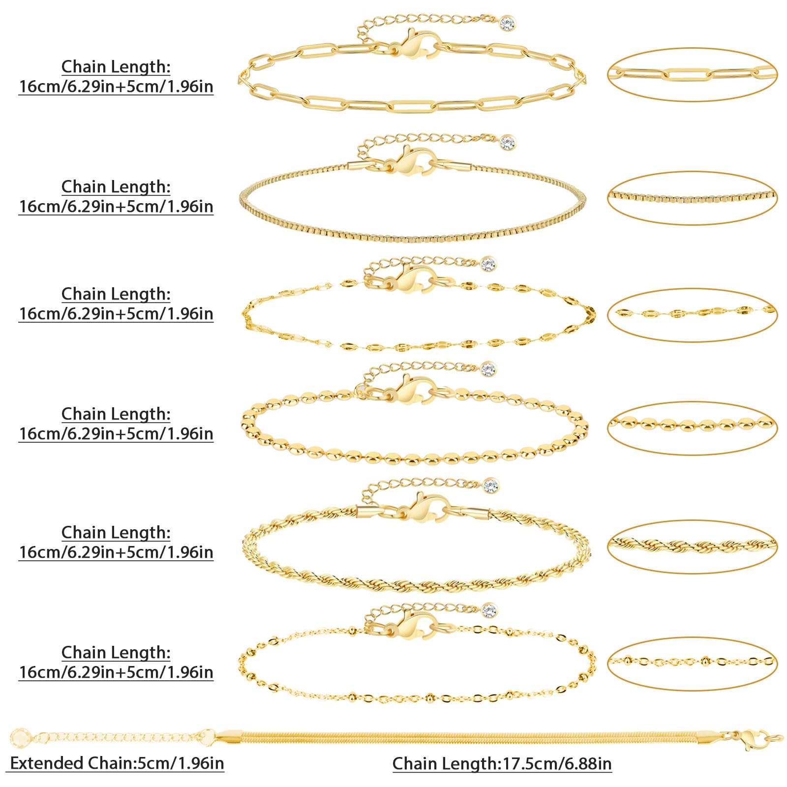 7Pcs Pulseras Oro Mujer, 14K Pulseras de Cadena Pulsera Acero Inoxidable Pulseras Mujer Oro Ajustable — view 3
