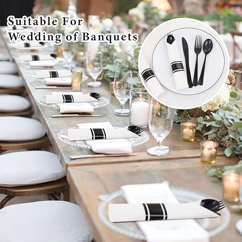 Miniatura 6 de Supernal Paquete de 120 cubiertos de plástico negro, cubiertos enrollados desechables, juego de cubiertos preenvueltos con servilleta, utensilios de