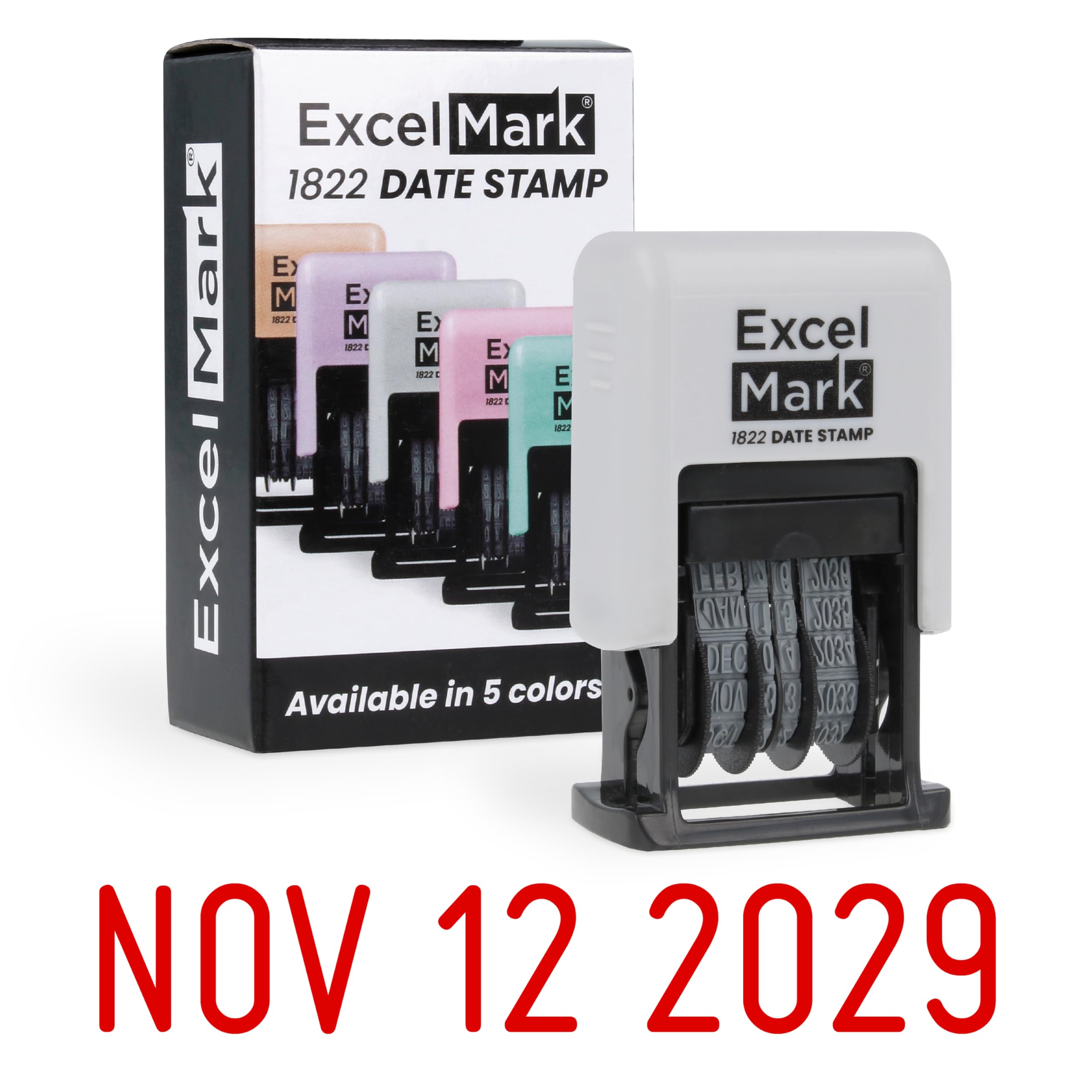 ExcelMark 1822 Date Stamp – Perfect for Shipping, Receiving, Expiration and Due Dates (Red Ink, Gray Mount)