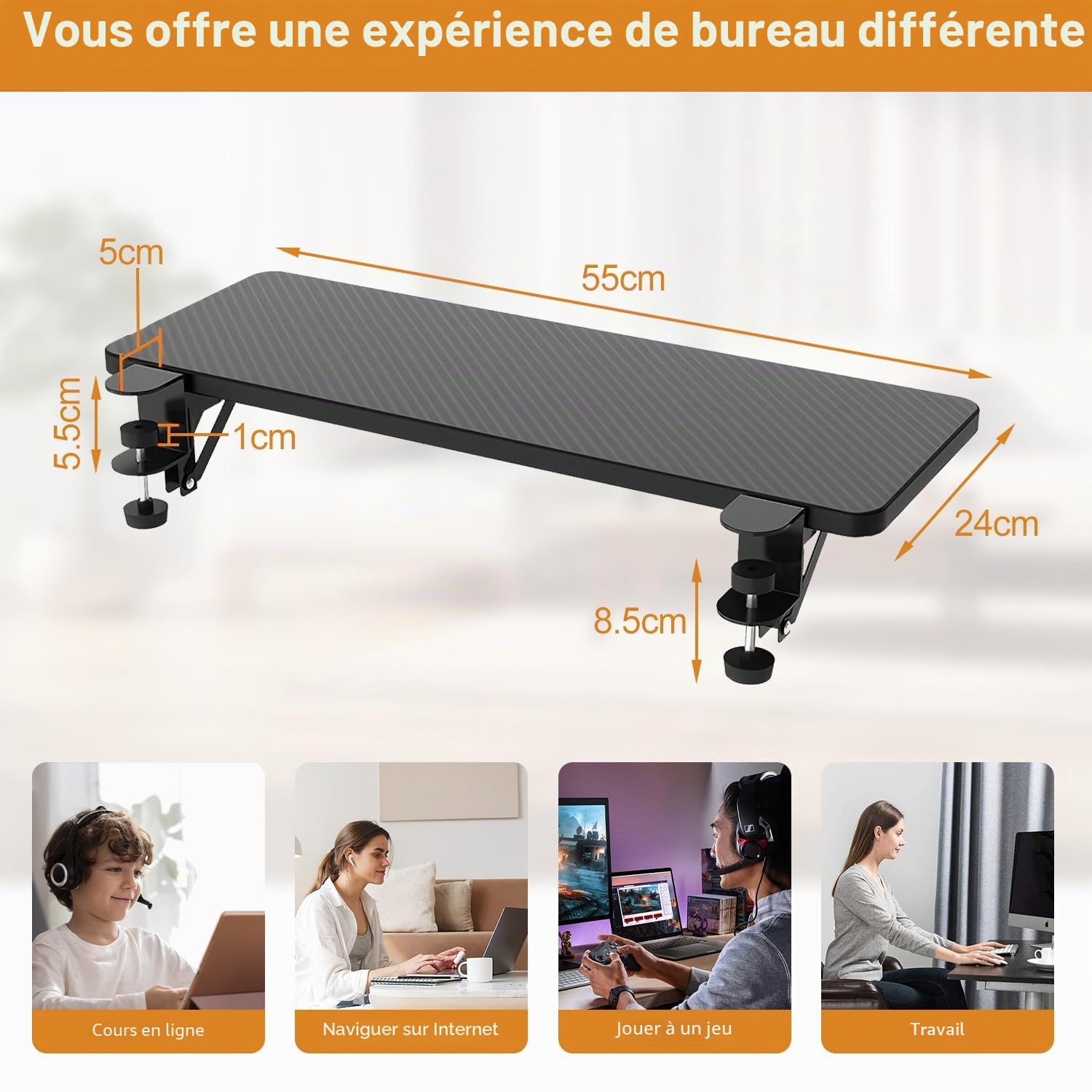 Plateau Extension de Bureau Ergonomique 55 x 24 cm Pliable Bras Support d'Accoudoir