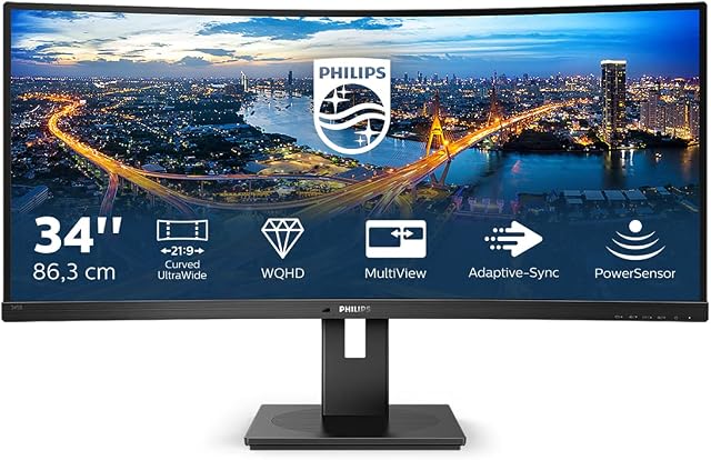 Philips 345B1C - 34 inch Curved WQHD Monitor, 100Hz, 4ms, VA, Speakers, Height Adjust, Power Sensor, USB Hub (3440 x 1440 WQHD, 300 cd/m², HDMI/DP/USB-B/USB 3.2)
