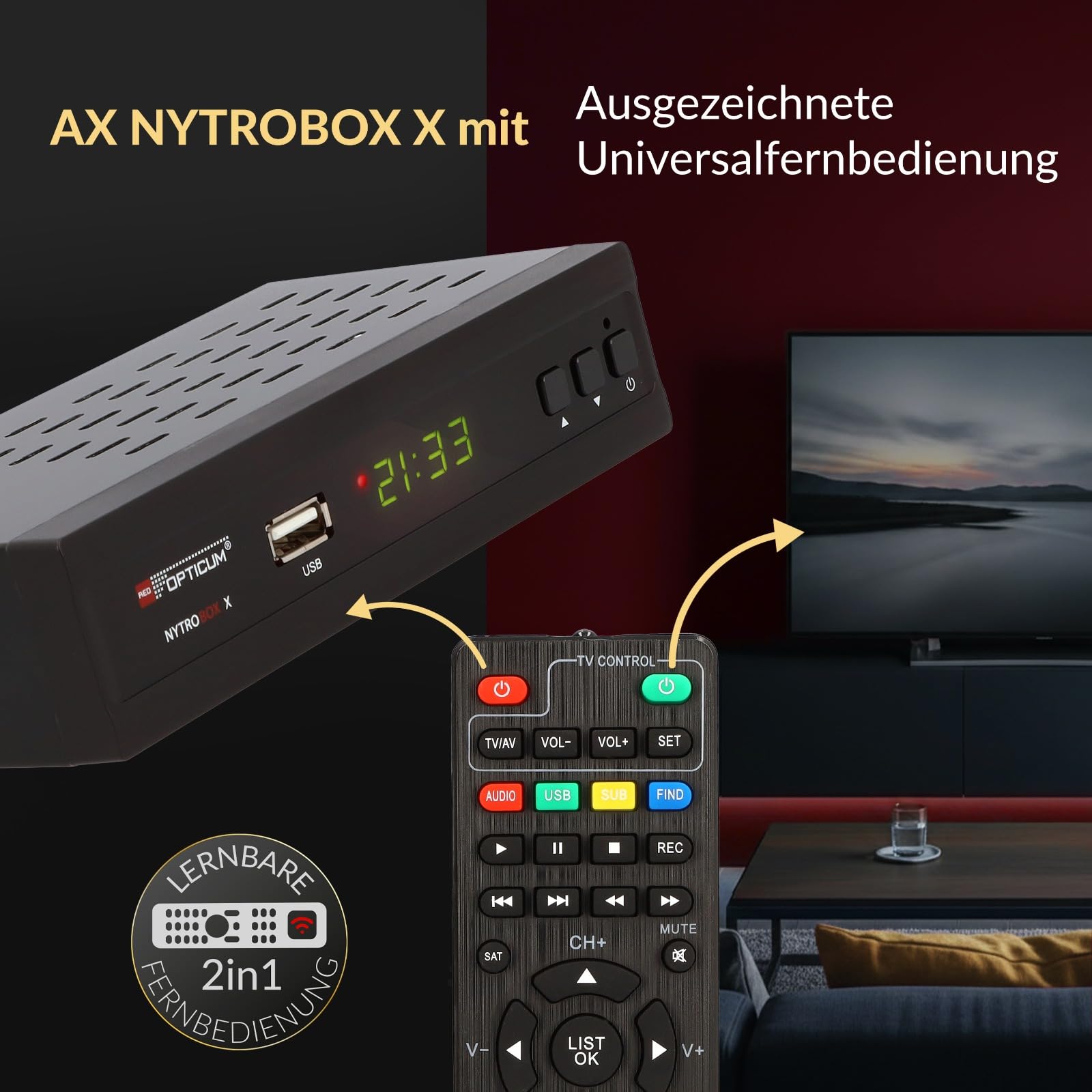 Opticum Nytrobox X DVB-T2 Receiver mit PVR Aufnahmefunktion und DVB-T Antenne Set HDMI SCART USB