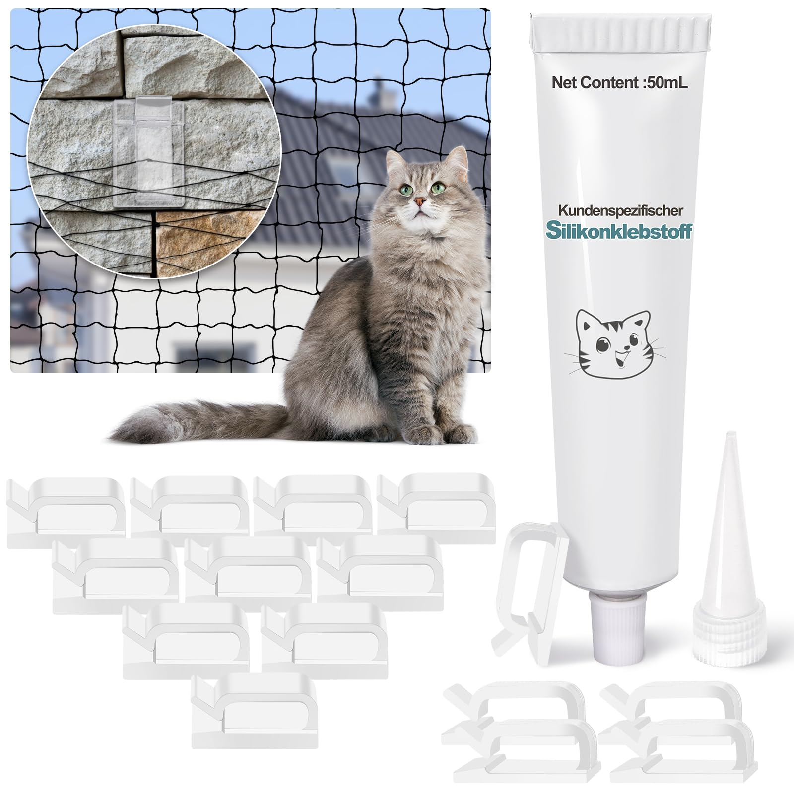 50 zelfklevende haken voor kattennet balkon met 2 x 40ml montagelijm, hoog draagvermogen zonder boren, UV-bestendig, vorstvrij en waterdicht, geschikt voor muren/tegels/houten panelen