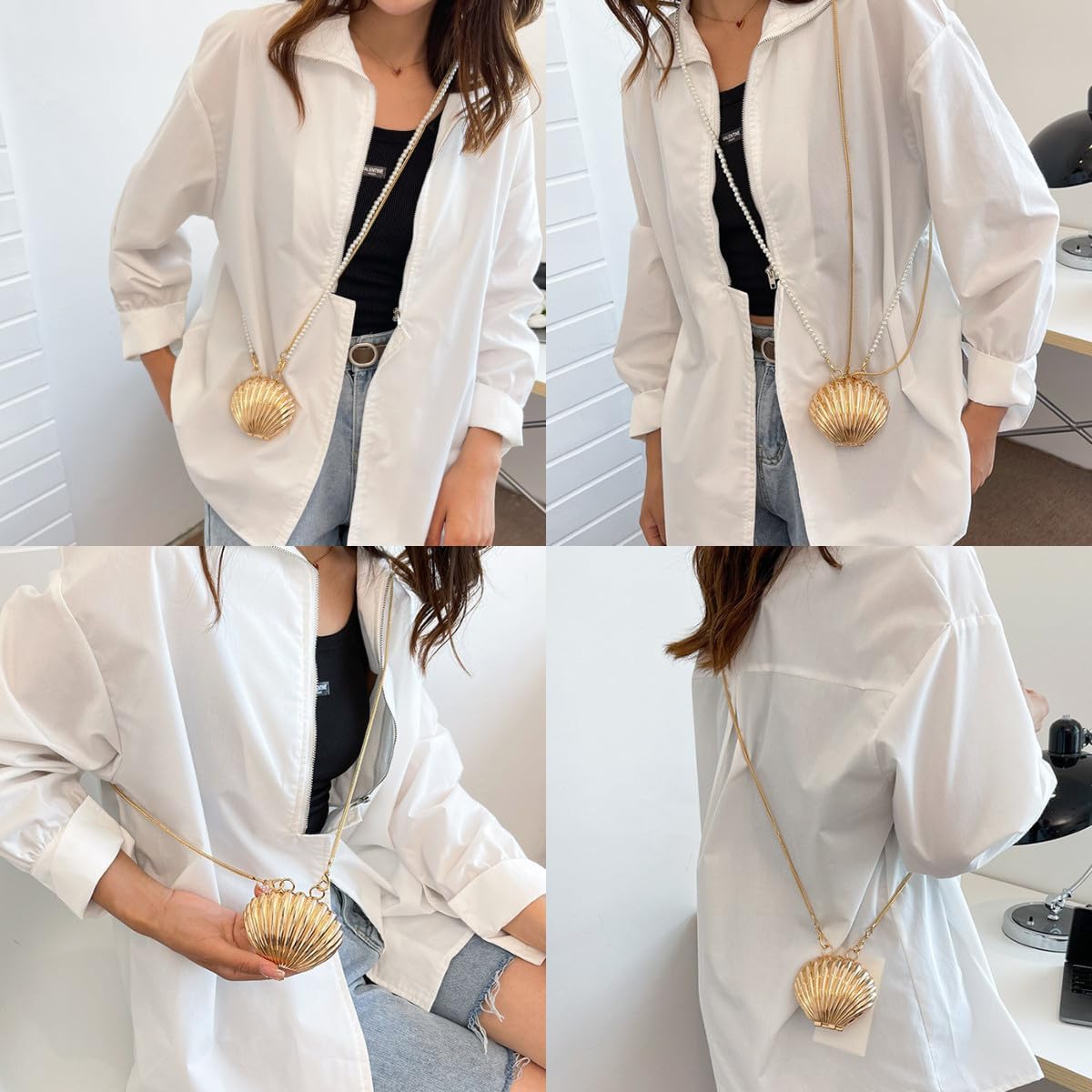 Suillty Women Girls Metal Shell Mini Lipstick Shoulder Bags Fashion Pearl Chain Crossbody Bag Purse Handbags - Image 2