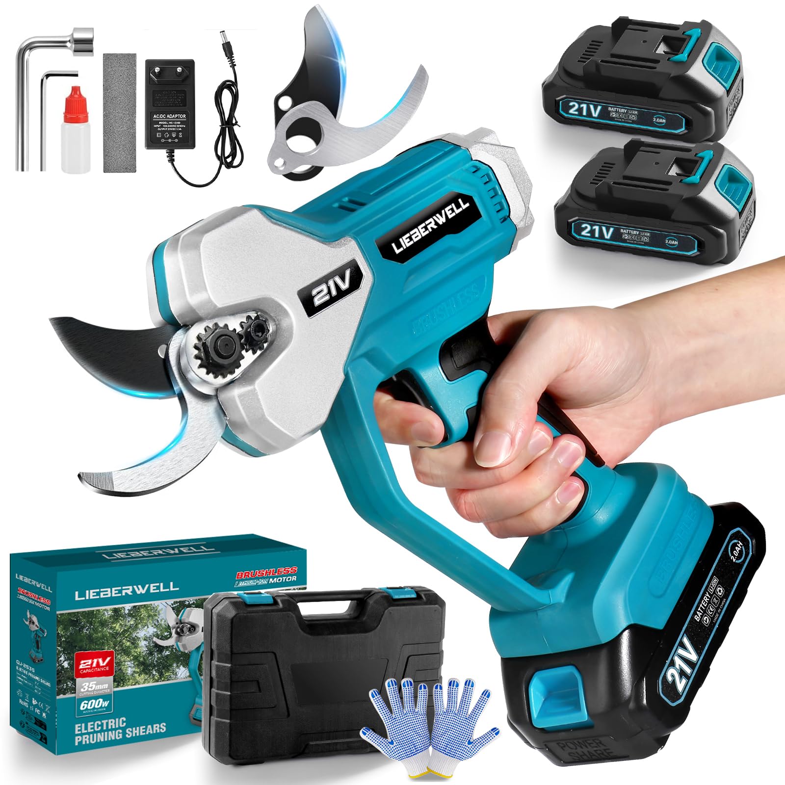 Sécateur électrique pour Makita 18 V Batterie, 600W Sécateur Professionnel Sans Fil avec 2 Batteries 2000 mAh, Moteur Sans Balais à Guidage Manuel avec Compteur de Coupes LCD, Diamètre de Coupe 35 mm