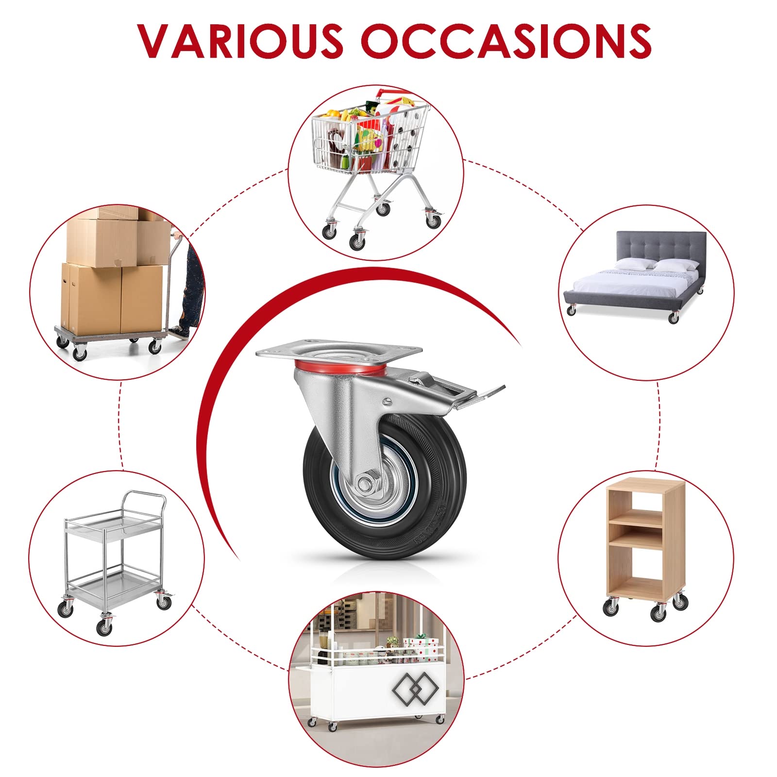Set di 8 Ruote per Mobili Pesanti con 4 Freno, 200 mm Rotelle Girevoli, Capacità 1280 kg, Carrelli Ruotabili a 360°Nessuna Rumorosità, per Pallet, Trolley, Resistenti