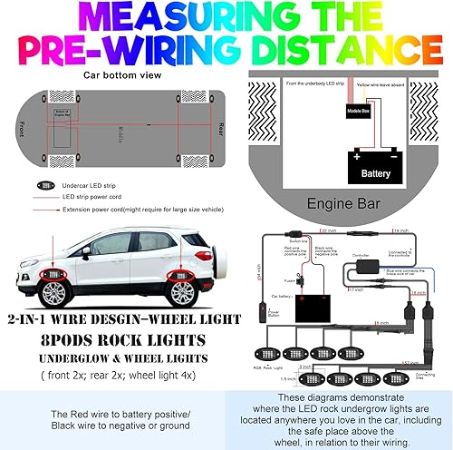 Miniatura 13 de 【Clear Stock】 6-Pack Trucks LED Underglow Pod Rock RGB Neon Under Wheel Well Lights Lights Kit, Dual-Zone 96LEDs + 27LEDs Interior Light Kit with