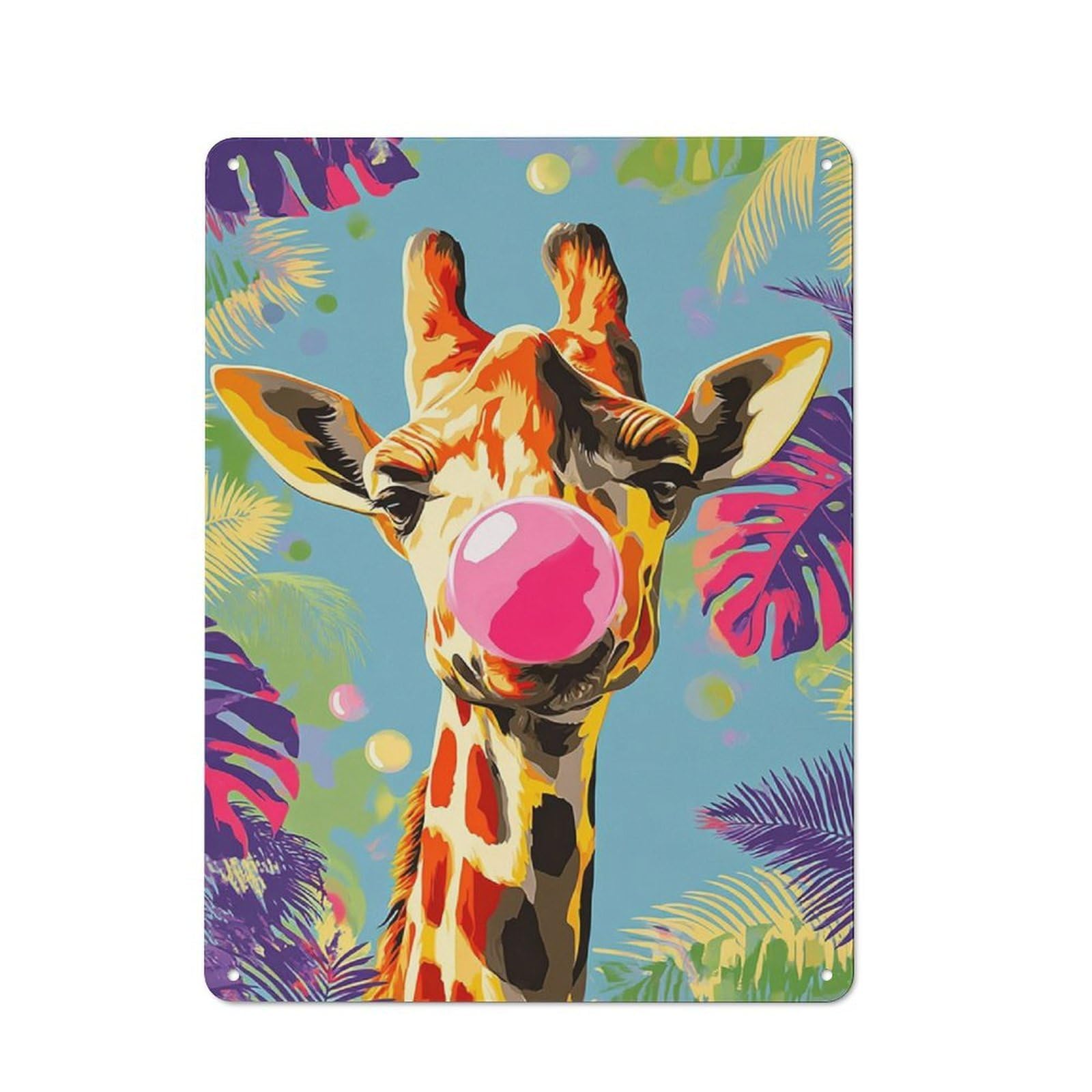 Junmoney Giraffe Blowing Bubble In Tropical Paradise Metal Wall Sign 40X30cm Featuring For Café Or Restaurant, A Decorative Metal Sign For Cafés And Restaurants