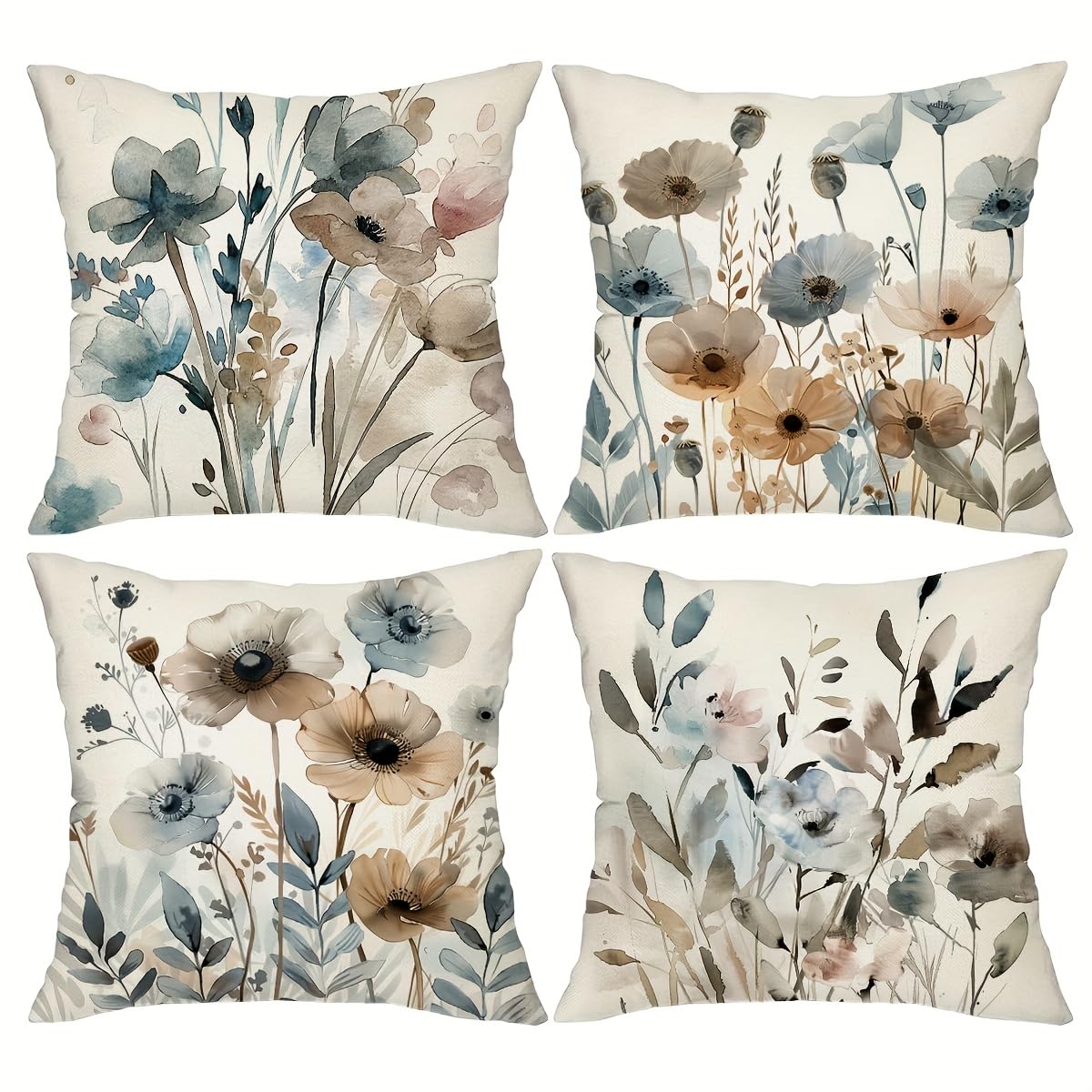 Housse de coussin lin vert sauge floral 45x45 cm : lot de 4 taies décoratives pour salon