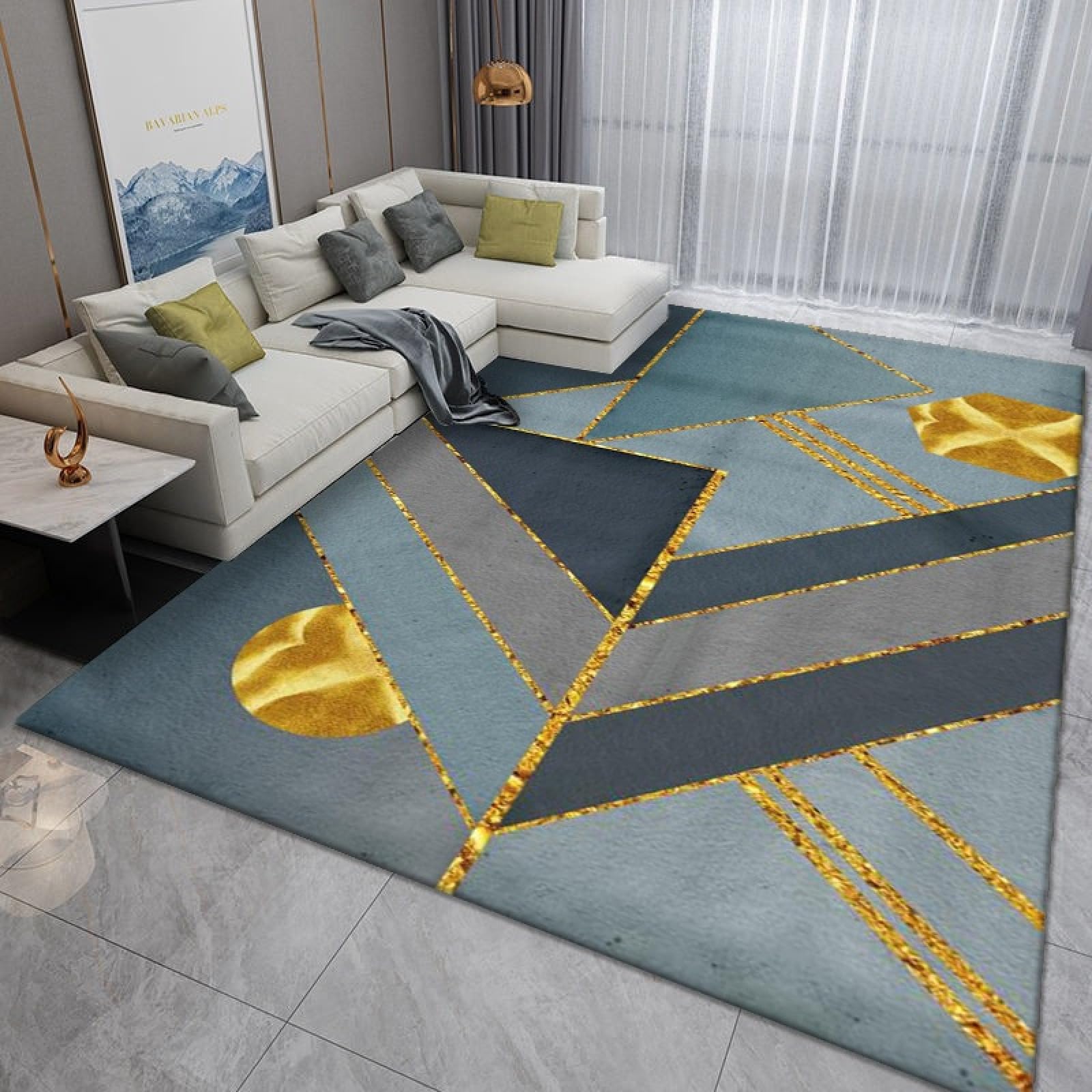 Rug salon chambre lavable grand format bleu géométrique