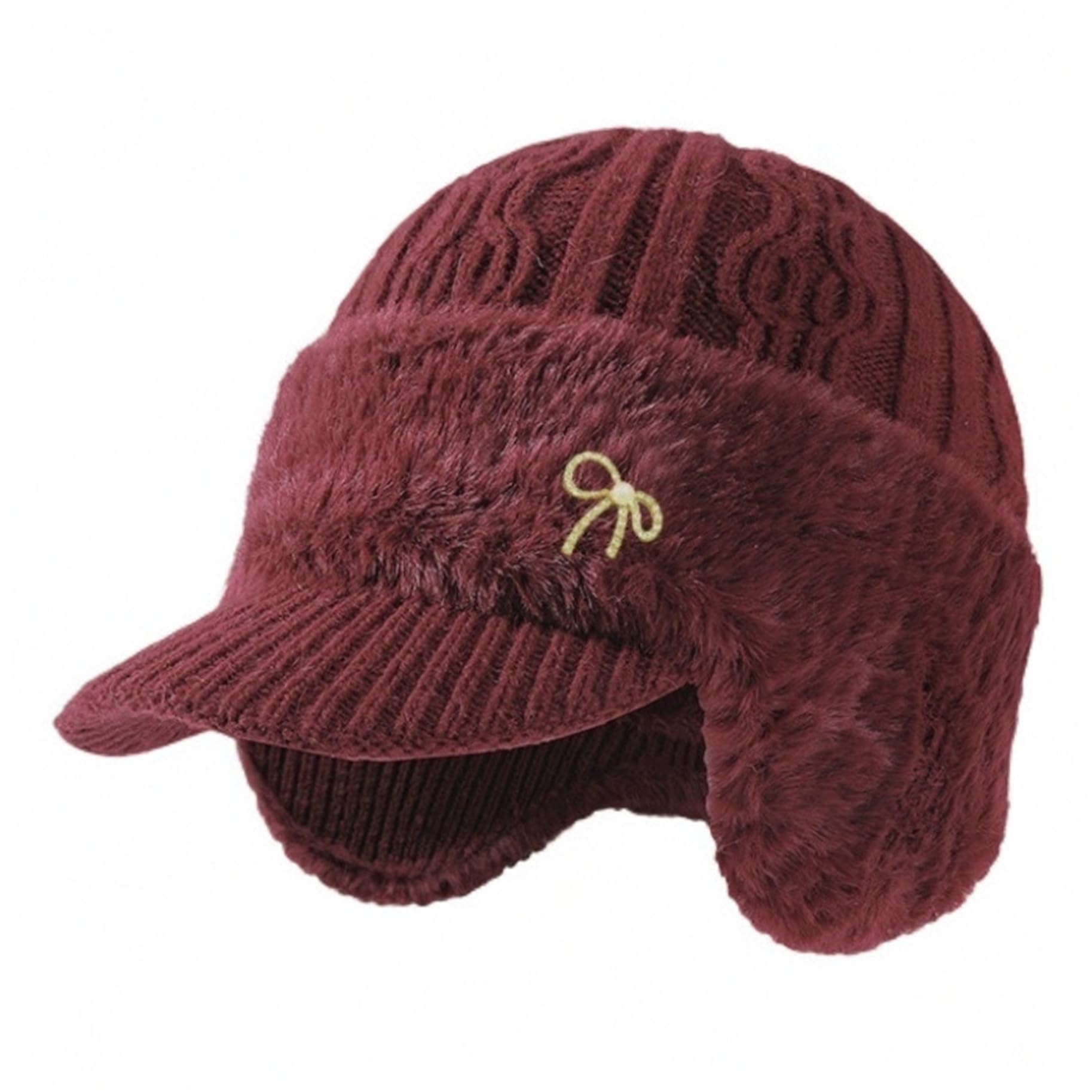 Azidweryq Unisex Claret Beanie With Brim, Soft Breathable Fabric Winter Hat With Ear Flaps, Winter Fleece Line Knitted Beanie For Cold Weather Hat With Ear Flaps