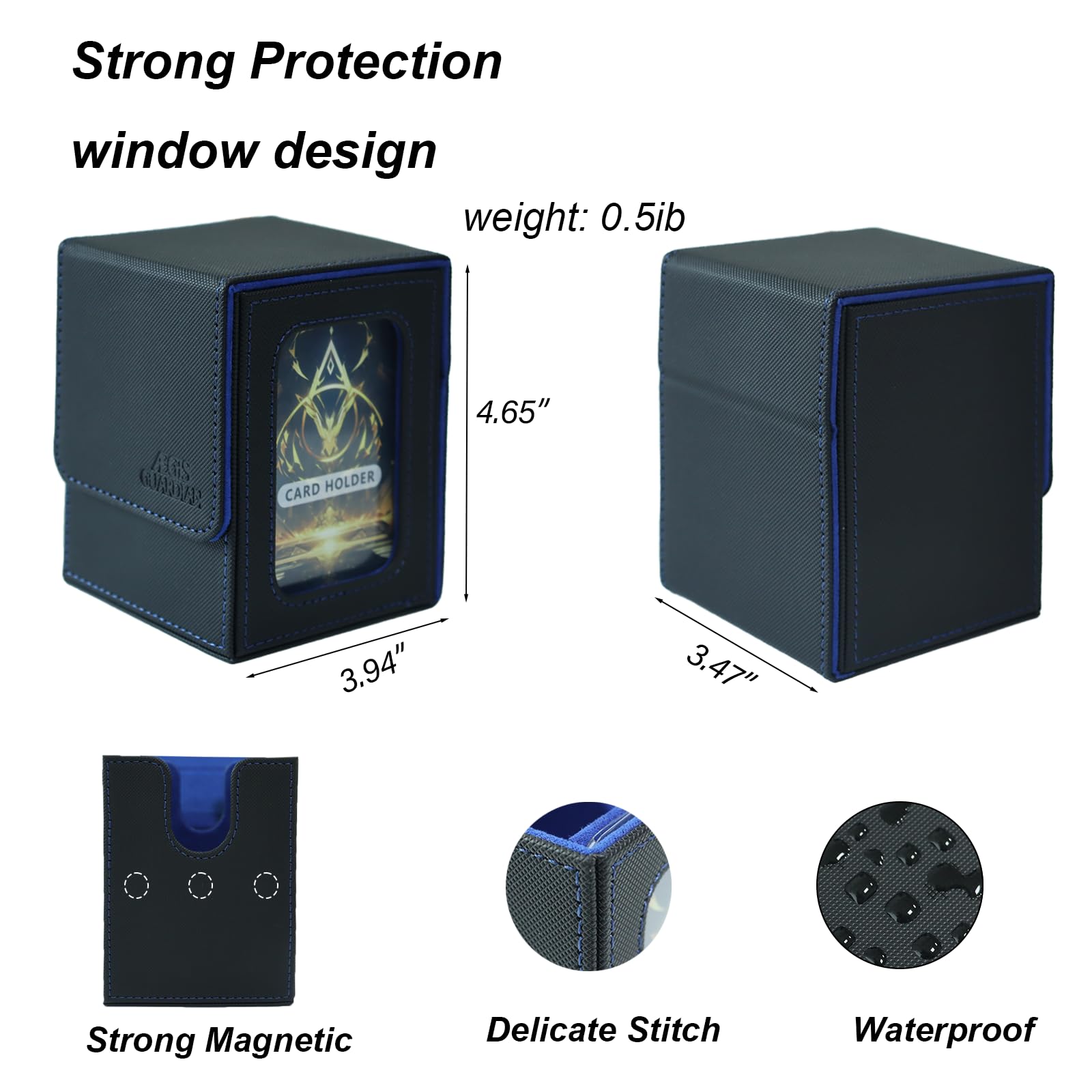 AEGIS GUARDIAN Card Deck Box for MTG, Commander Window Display, Trading Card Storage Box Holds 100 Double-Sleeved Cards, TCG Deck Box with 2 Dividers and 1 Toploader, Black&Blue