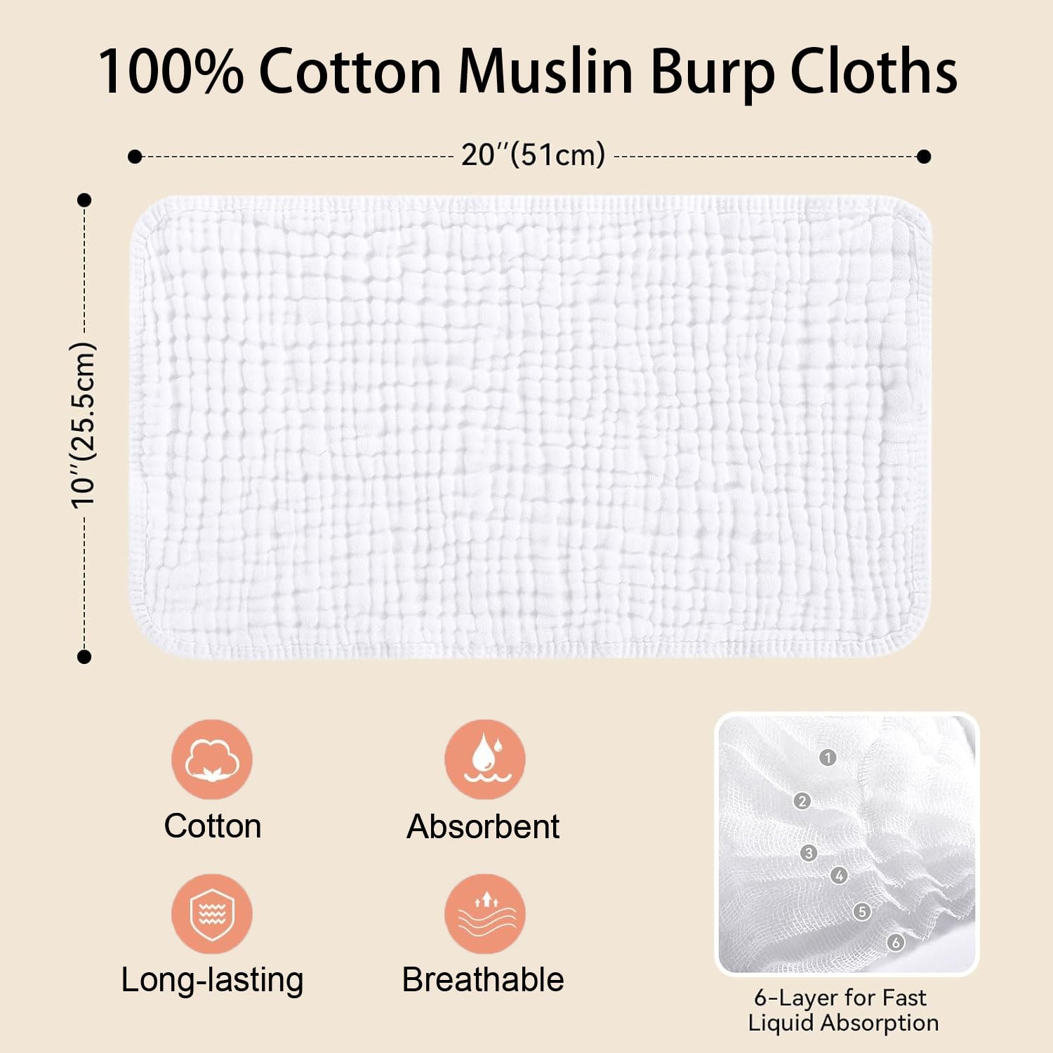 ROXANEPIG 8 Pack Muslin Burp Cloths for Baby 100% Cotton Baby Washcloths for Boys Girls Large 50X25 cm Super Soft and Absorbent - Image 2