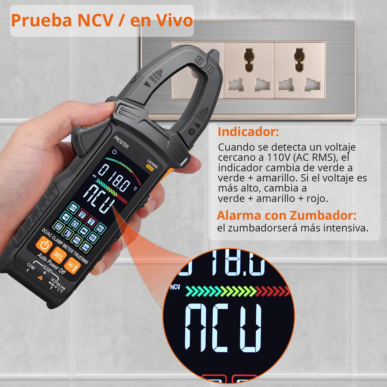 Proster Pinza Amperimétrica TRMS 6000 Cuentas - Medición de Corriente AC/DC 800A, Voltaje 600V, NCV, Resistencia, Diodo y Temperatura con Pantalla Grande y Bolsa de Almacenamiento