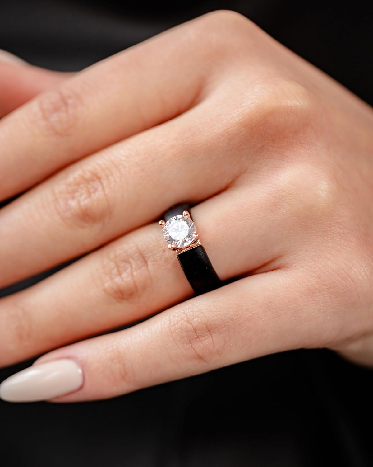 Rinfit Silicone Rings for Her - Rubber Wedding Bands with Cubic Zirconia Stone - Round Glowstone Black & Emerald Glowstone Nude/RoseGold, Size 10