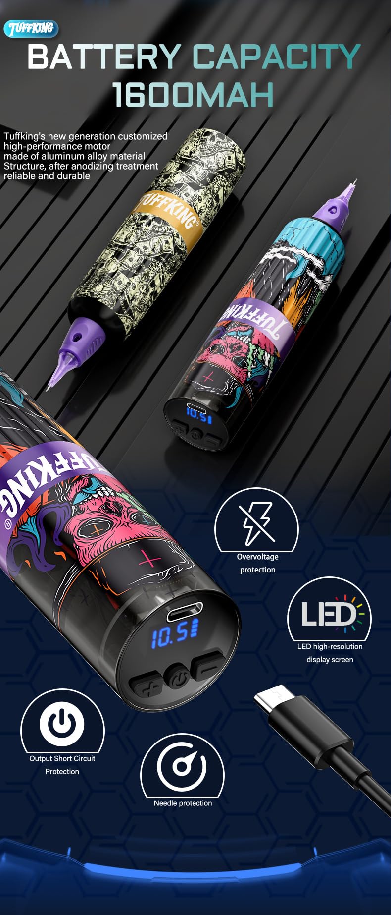 Kit penna portatile per tatuaggi wireless - Macchina rotativa per tatuaggi con display LED, alimentatore 1600mAh, tensione regolabile 5-12V, tipo C,12