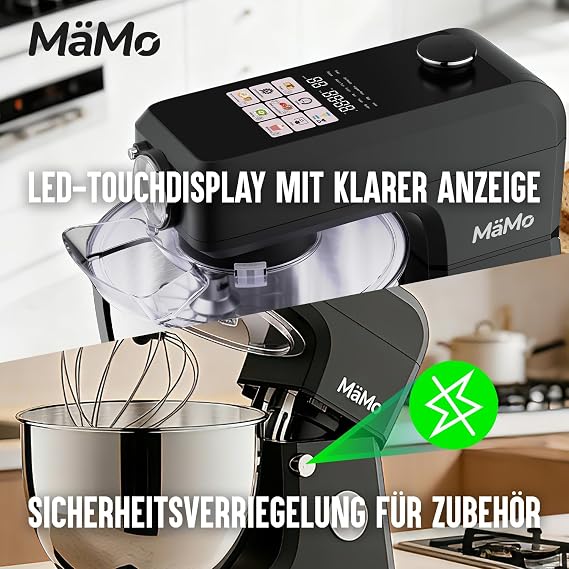 Food Processor with 1900 W - Dough Machine LED Touch Screen Mixer & Mixer for Knead Whipped Cream and Meat - 8L Stainless Steel Bowl 11 Speeds 6 Programmes 3-Piece Patisserie Set