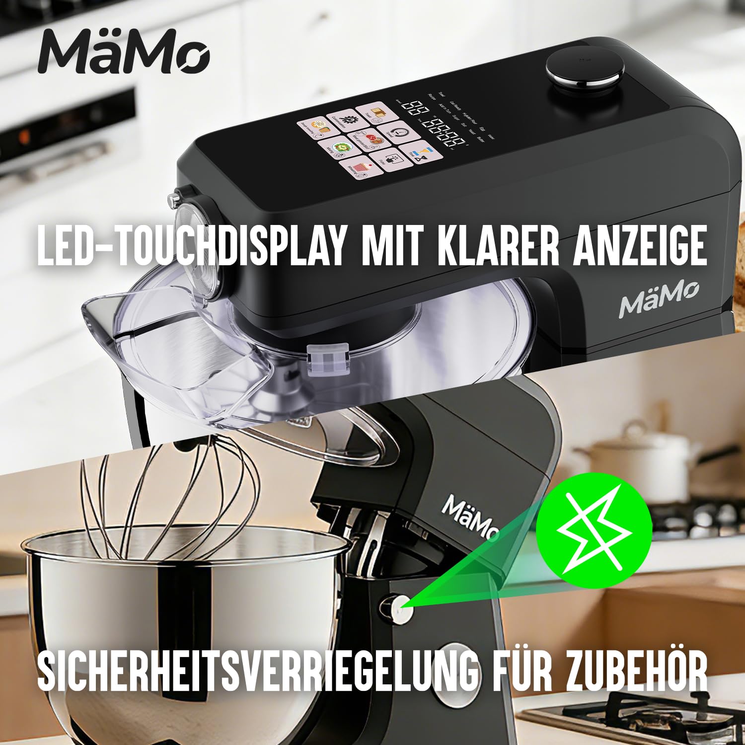 1900W Küchenmaschine, 8L Teigmaschine mit LED-Touchscreen | Rührgerät & Mixer mit 11 Stufen, 6 Programmen & 3-tlg. Patisserie-Set. Ideal für Teig, Sahne & Fleisch.