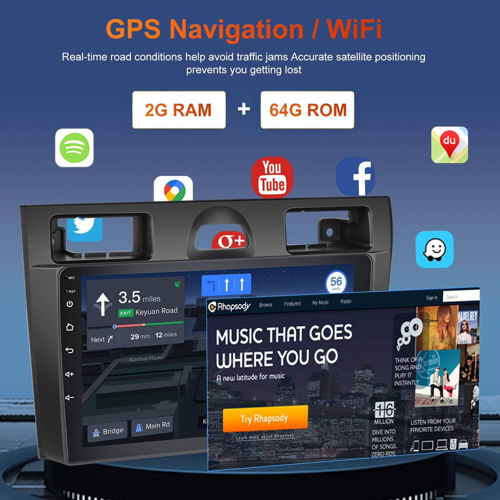 Hodozzy 2GB 64GB Android Radio para Ford Fiesta 2006-2011 Radio Carplay Android Auto Mirror Link, Pantalla Táctil 9 Pulgadas GPS Bluetooth WiFi FM RDS HiFi SWC, Cámara Trasera 2 DIN para Ford Fiesta