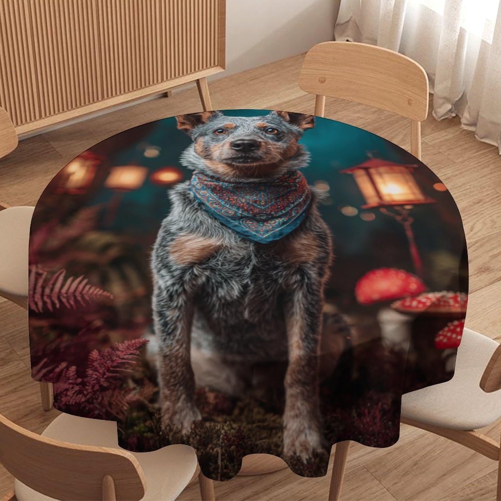 LUYYSKY Rustic Aesthetic Cute Dogs Round Tablecloth Modern Classic Animals Puppies Plants Mushrooms Print Washable Decor for Table Cover for Kitchen-127 Wx127 L cm